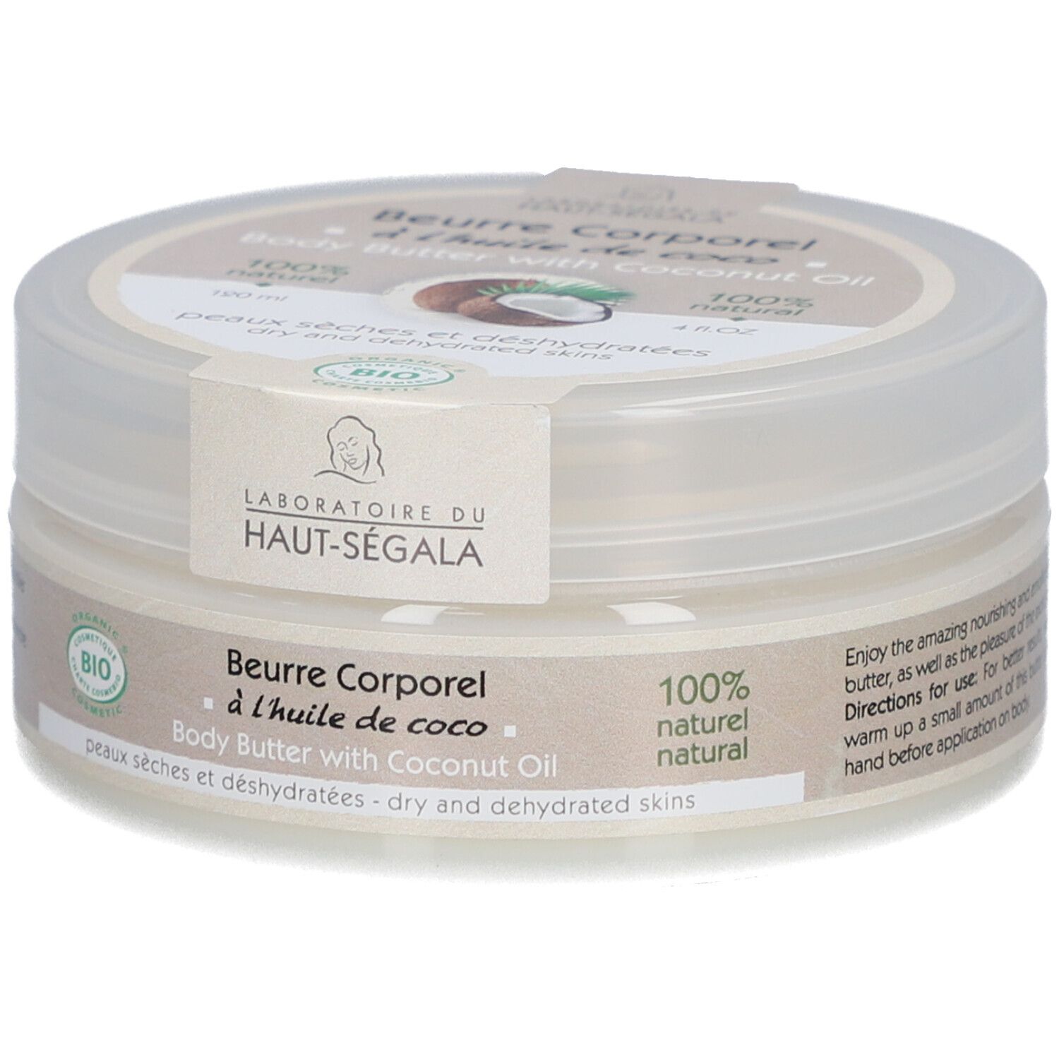Pot rond avec couvercle. Inscription: Beurre Corporel à l'huile de coco. Avec huile de coco bio. 100% naturel. Label bio.