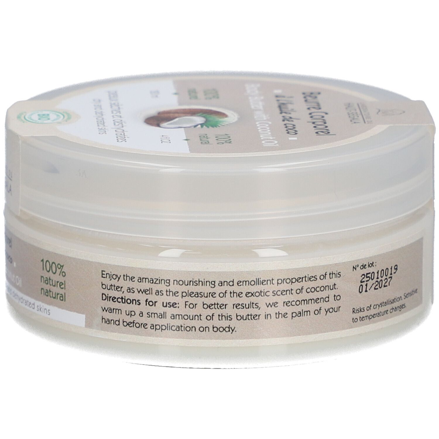 Pot rond avec couvercle. Inscription: Beurre Corporel à l'huile de coco. Avec huile de coco bio. 100% naturel. Label bio.