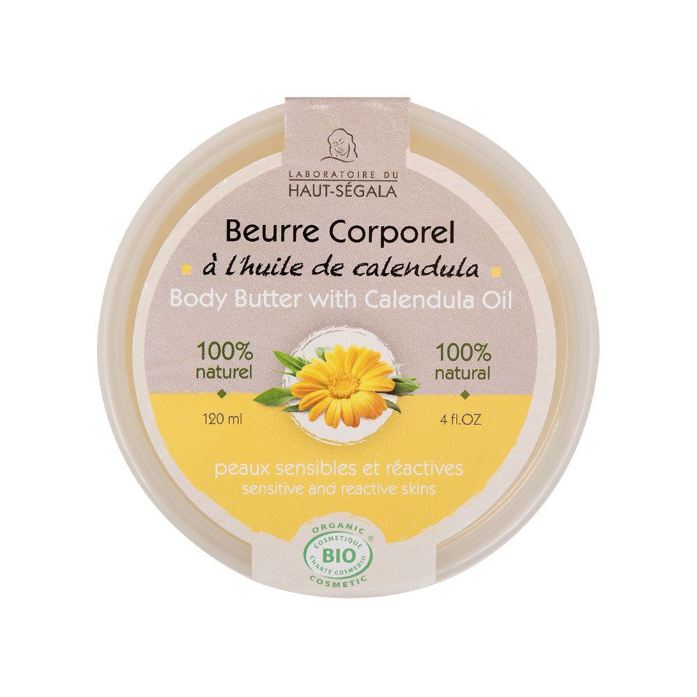 Runde Dose Körperbutter mit Calendulaöl. Gelbe Aufschrift, gelbe Blume. Label: Laboratoire du Haut-Ségala.