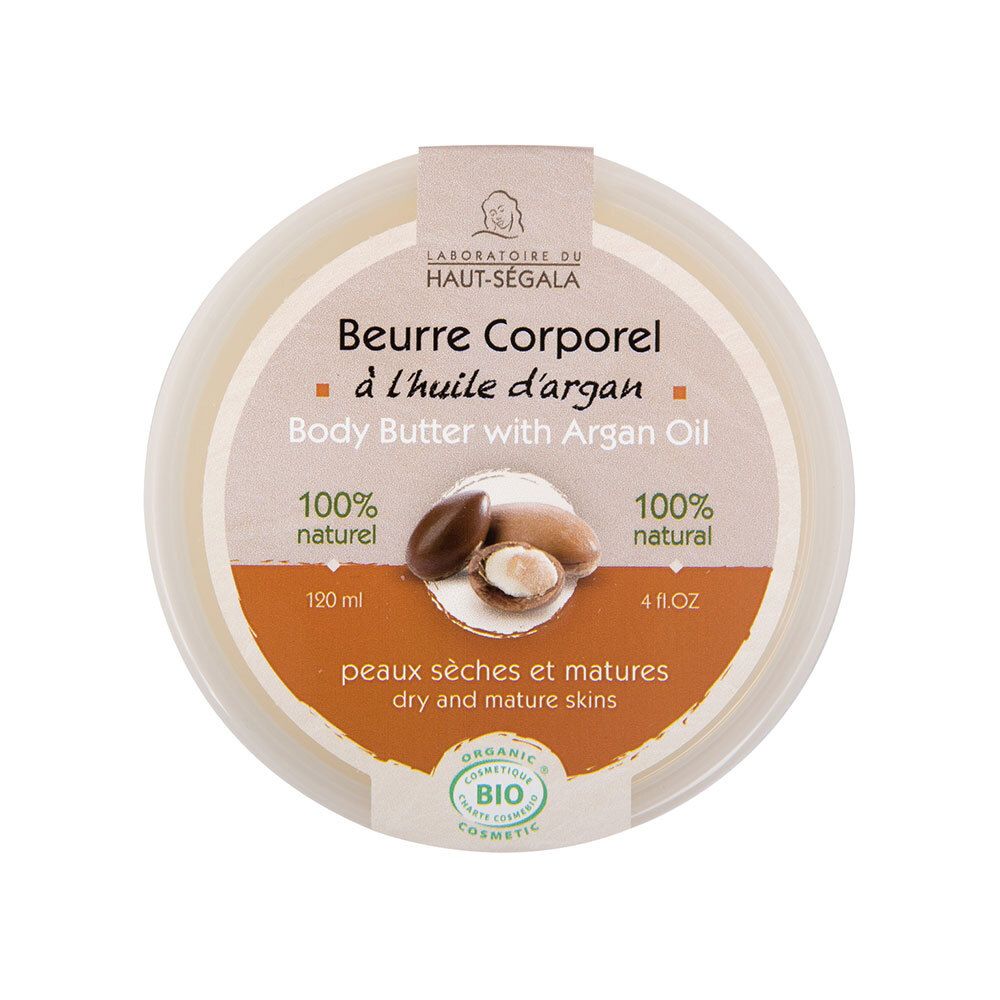 Pot rond de beurre corporel à l'huile d'argan. Couvercle avec informations produit. Label avec logo et texte: 100% naturel, peaux sèches et matures.