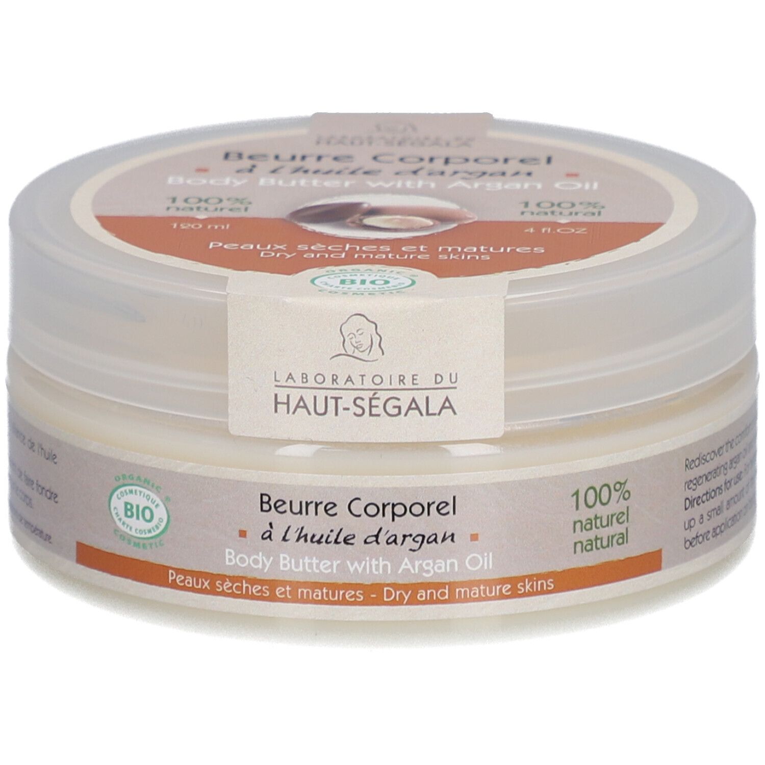 Pot de beurre corporel à l'huile d'argan. Autocollant avec nom et logo du produit. Texte: 100% naturel, peaux sèches et matures. Certification bio.