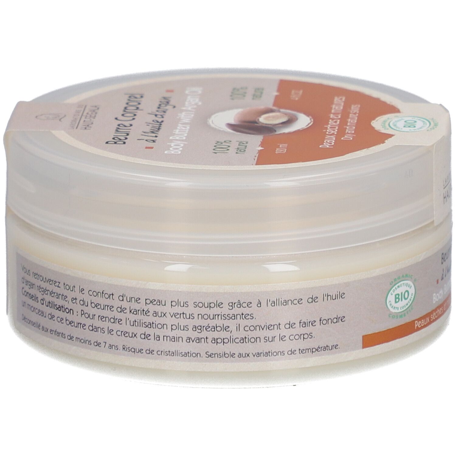 Pot de beurre corporel à l'huile d'argan. Autocollant avec nom et logo du produit. Texte: 100% naturel, peaux sèches et matures. Certification bio.