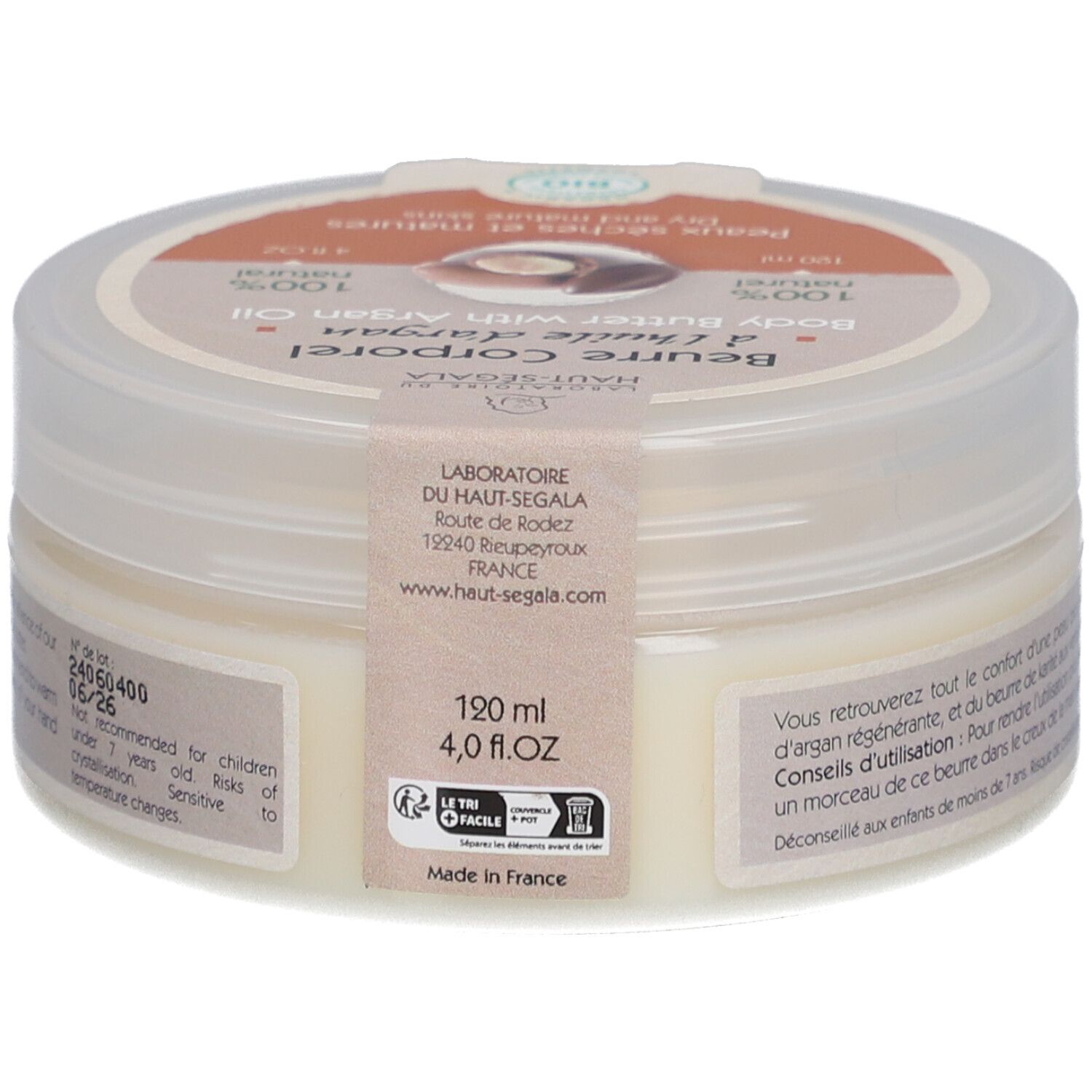 Pot de beurre corporel à l'huile d'argan. Autocollant avec nom et logo du produit. Texte: 100% naturel, peaux sèches et matures. Certification bio.