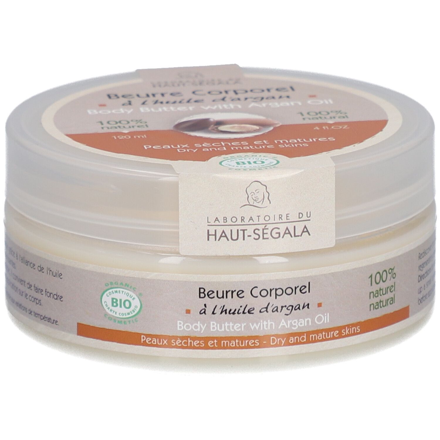 Pot de beurre corporel à l'huile d'argan. Autocollant avec nom et logo du produit. Texte: 100% naturel, peaux sèches et matures. Certification bio.