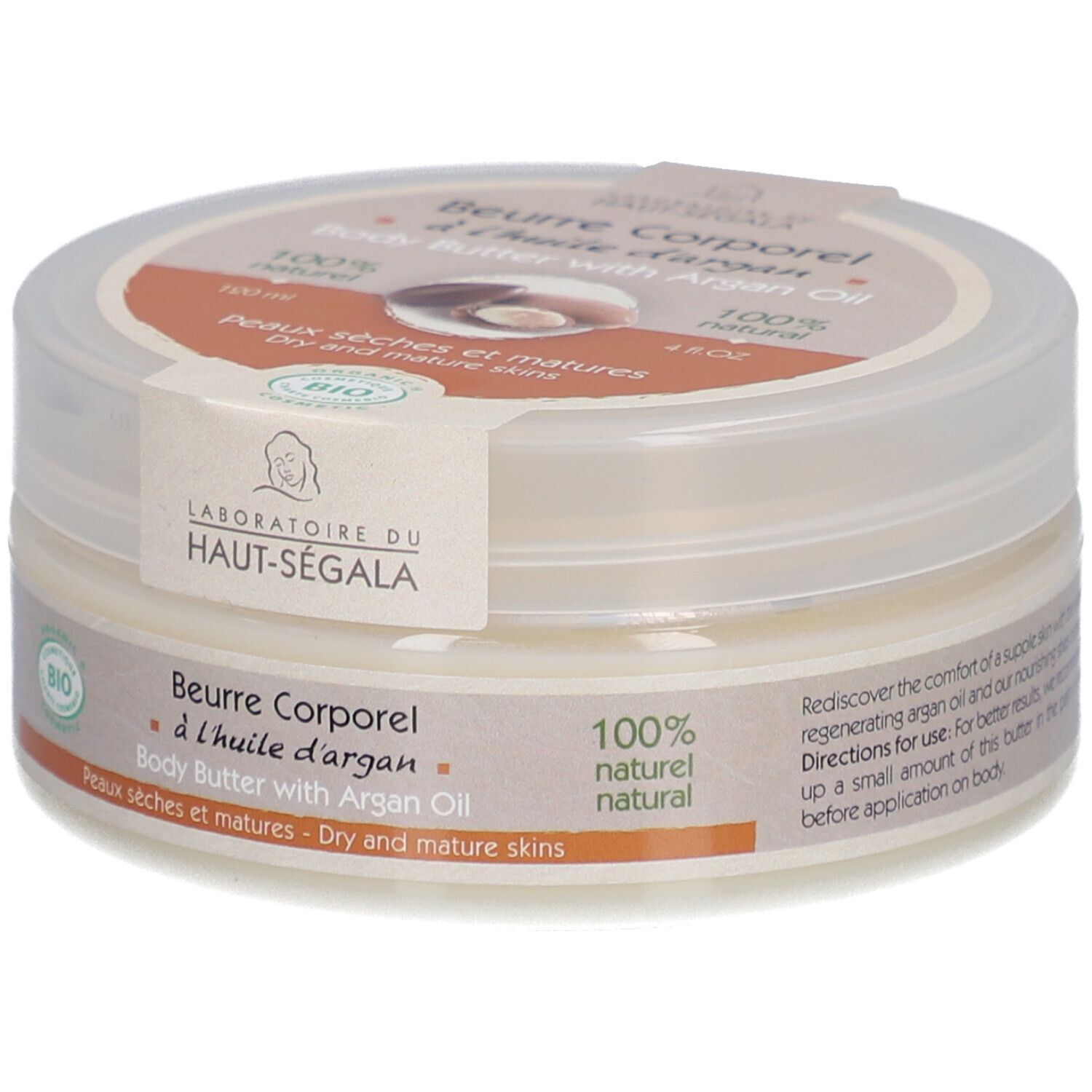 Pot de beurre corporel à l'huile d'argan. Autocollant avec nom et logo du produit. Texte: 100% naturel, peaux sèches et matures. Certification bio.