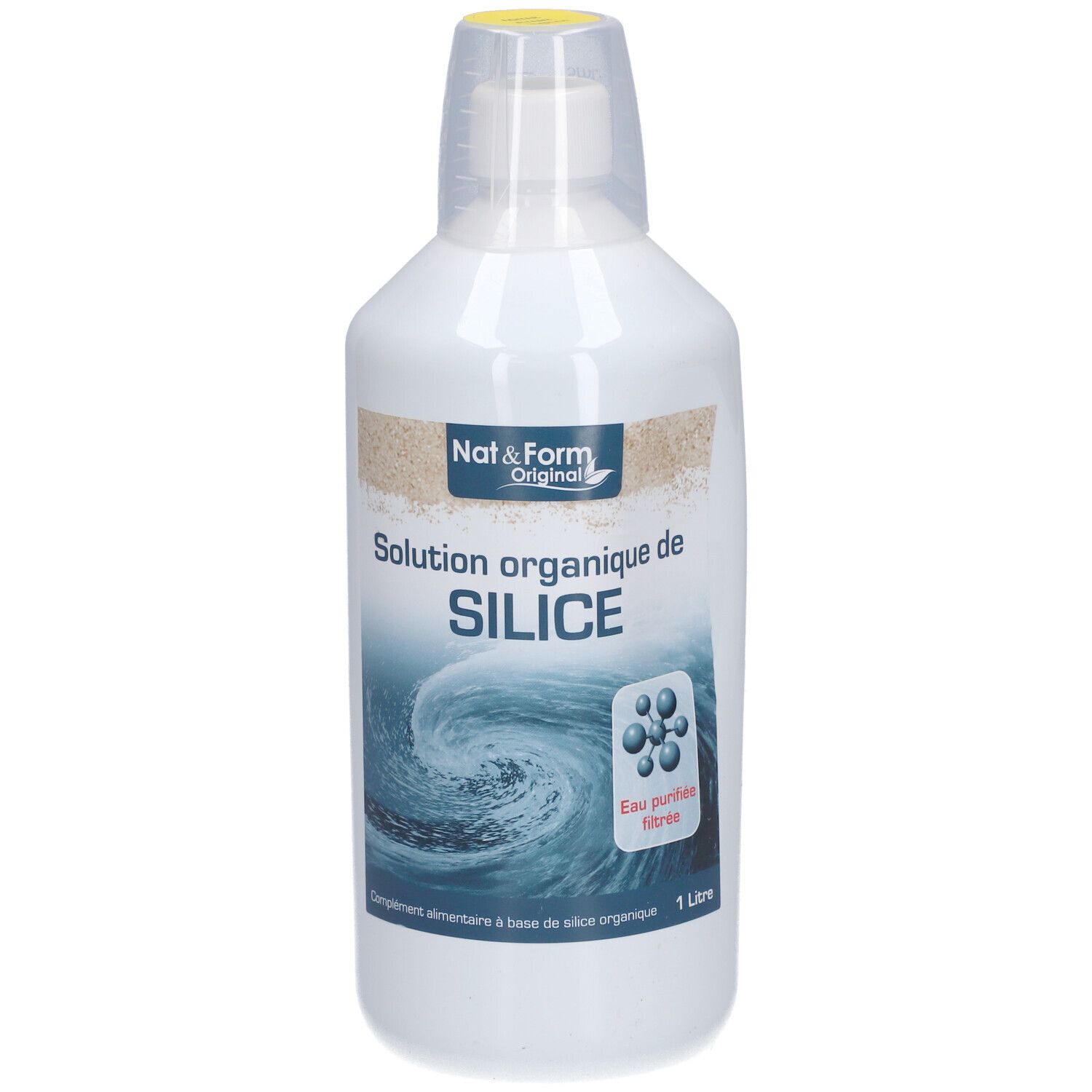 Bouteille blanche avec bouchon jaune. Inscription: Nat&Form Original, Solution organique de SILICE. 1 litre.