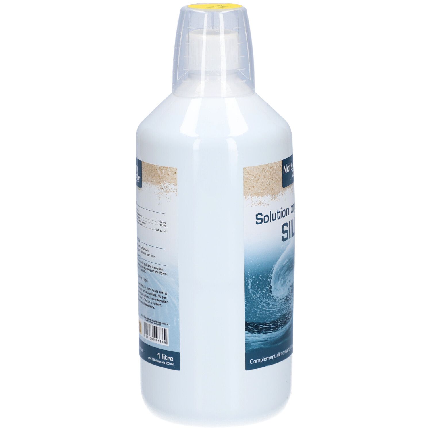 Bouteille blanche avec bouchon jaune. Inscription: Nat&Form Original, Solution organique de SILICE. Texte au dos.