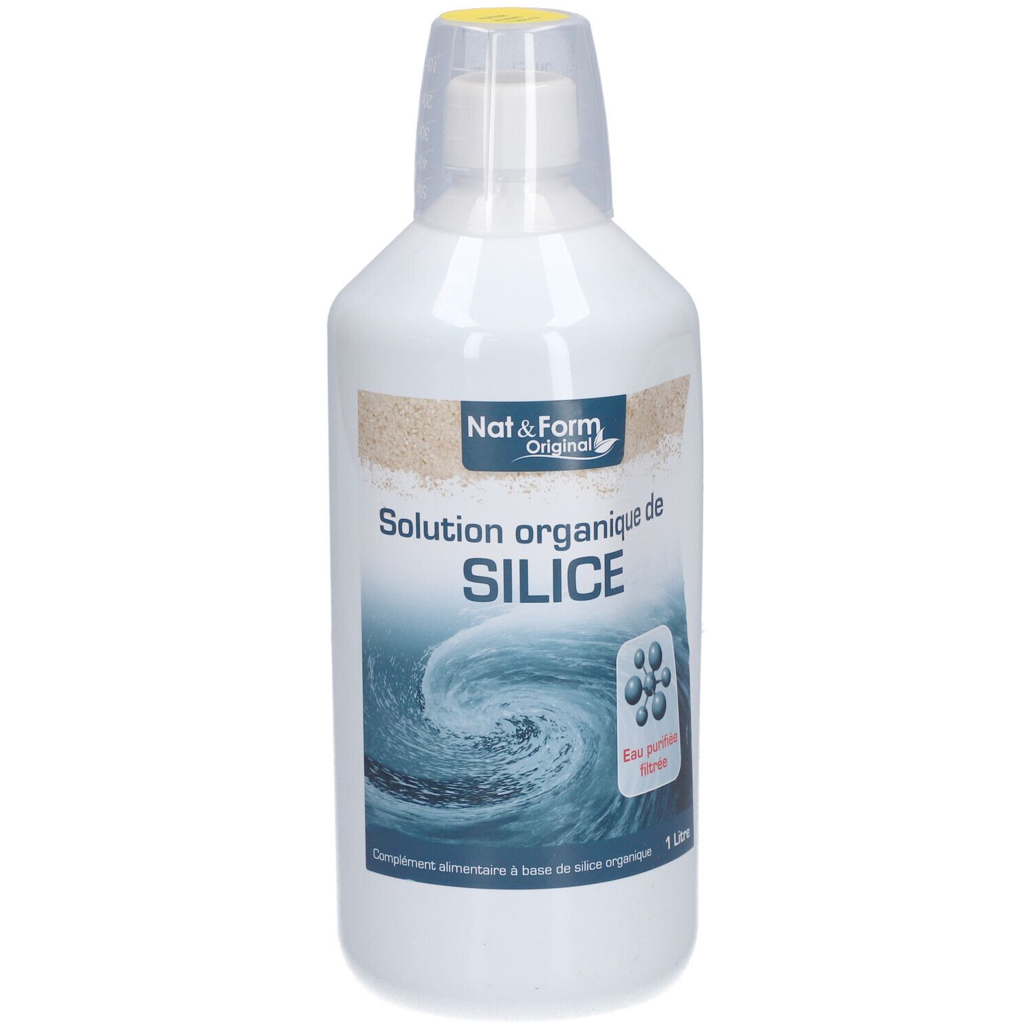 Bouteille blanche avec bouchon jaune. Inscription: Nat&Form Original, Solution organique de SILICE. 1 litre.