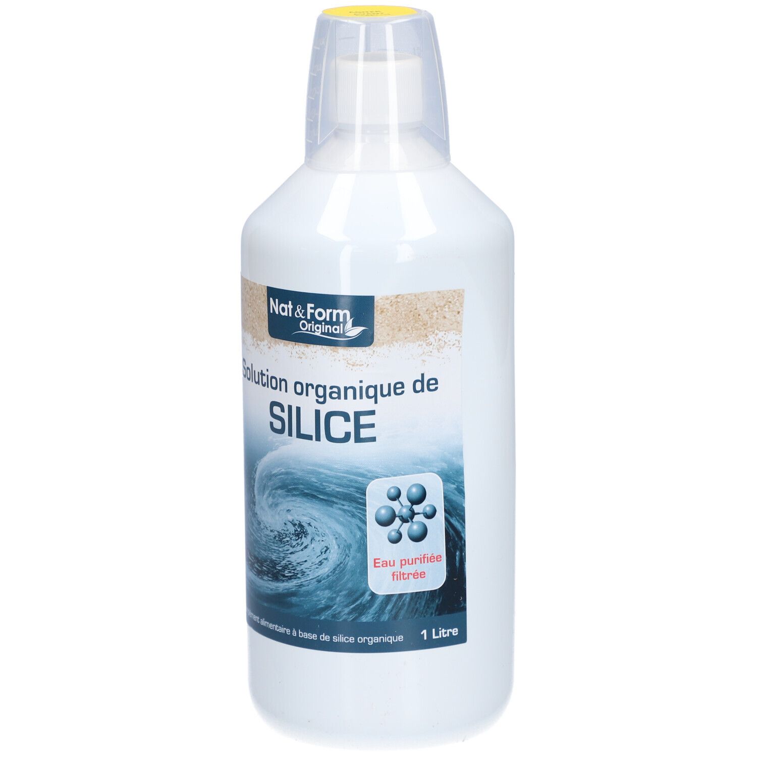 Bouteille blanche avec bouchon jaune. Inscription: Nat&Form Original, Solution organique de SILICE. 1 litre.