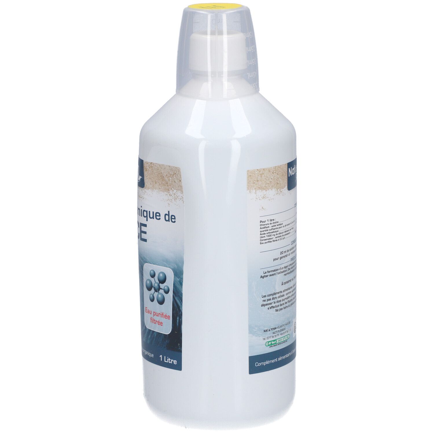 Bouteille blanche avec bouchon jaune. Inscription: Nat&Form Original, Solution organique de SILICE. Texte au dos.