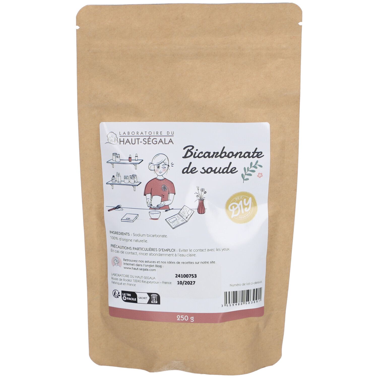 Beutel mit Bicarbonate de soude. Aufdruck mit Produktname, DIY-Logo und Illustration. 250g. Haltbarkeitsdatum.