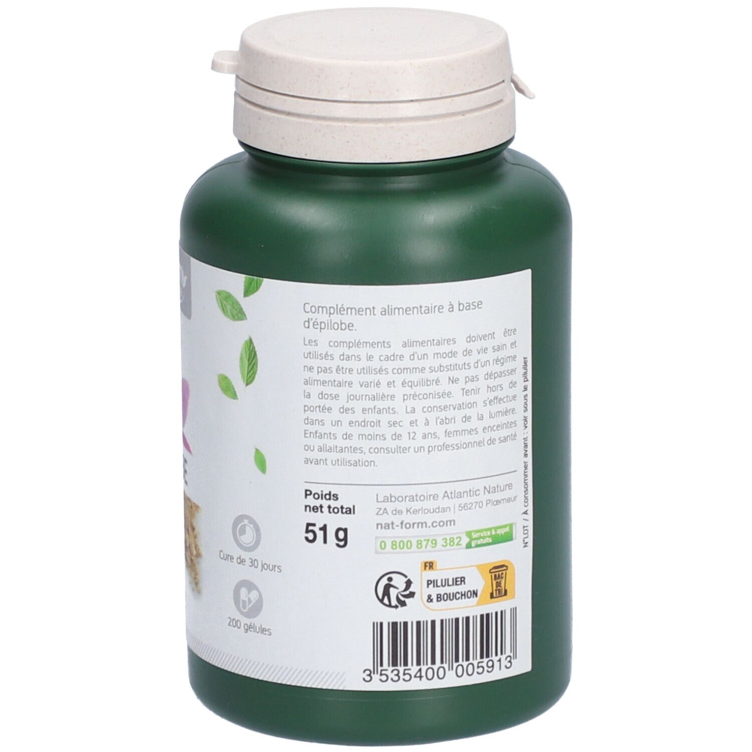Dos d'un flacon vert avec couvercle blanc. Texte : complément alimentaire. 200 gélules, 51g. Nat&Form.
