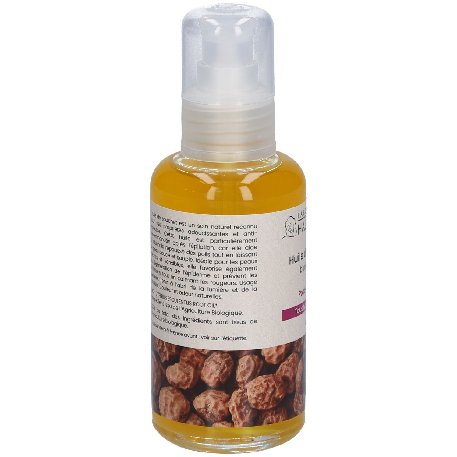 Dos du flacon d'huile. Texte : Huile de souchet biologique, Post-épilatoire, Tous types de peaux. Avec ingrédients.