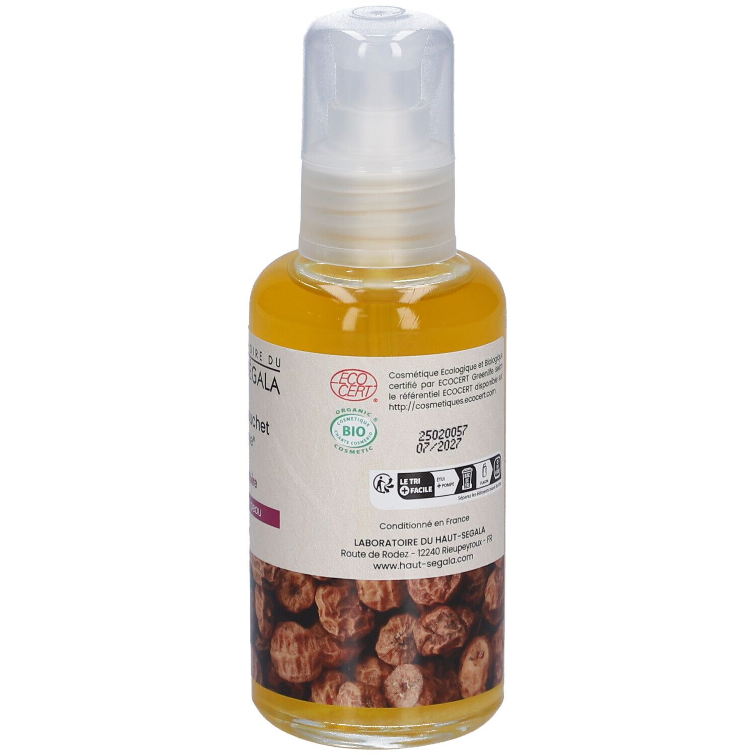 Dos du flacon d'huile. Texte : Huile de souchet biologique, Post-épilatoire, Tous types de peaux. Avec ingrédients.
