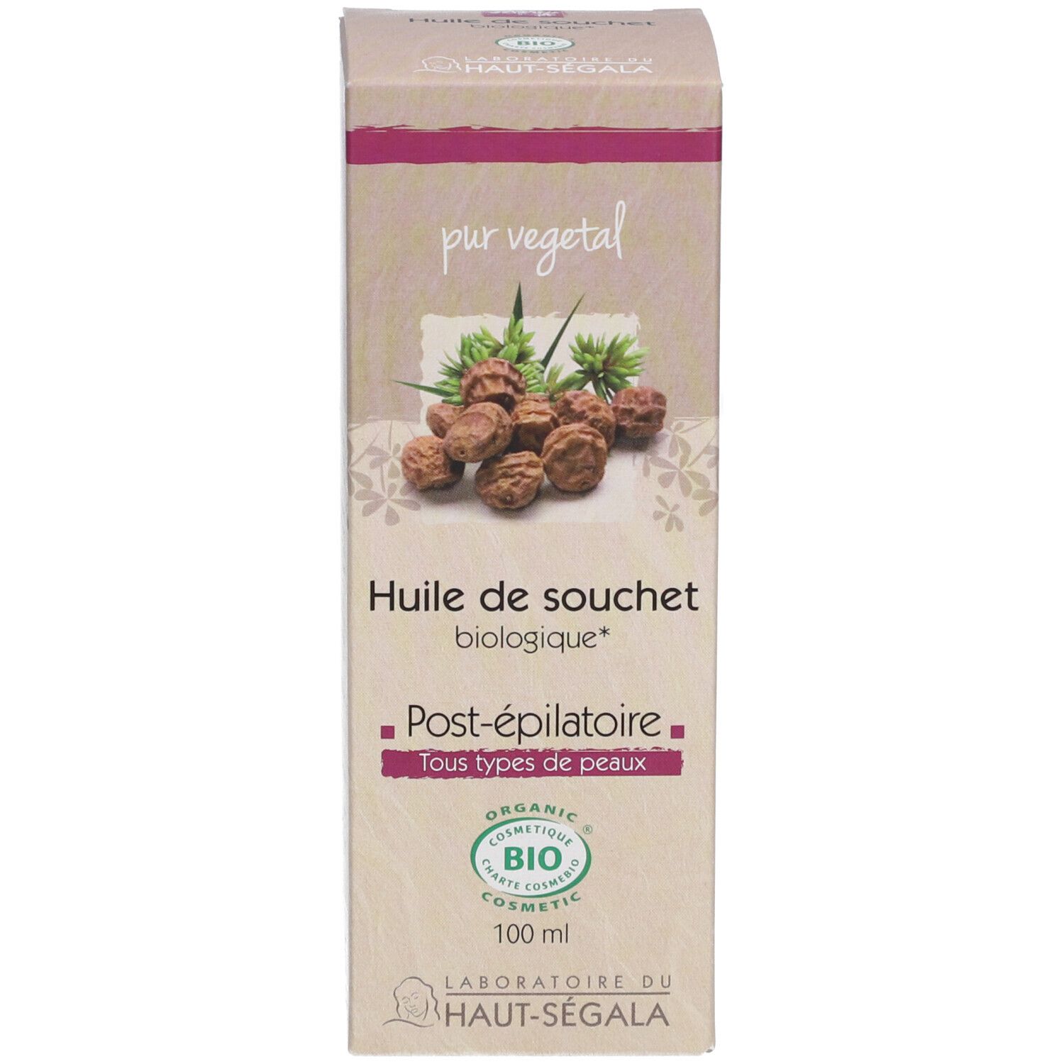 Emballage de l'huile de souchet. Inscription : Huile de souchet biologique, Post-épilatoire, Tous types de peaux.