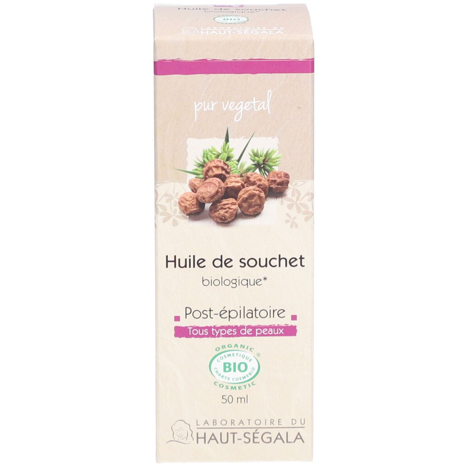 Boîte. Inscription: Huile de souchet biologique, Post-épilatoire, Tous types de peaux. Logo Bio.