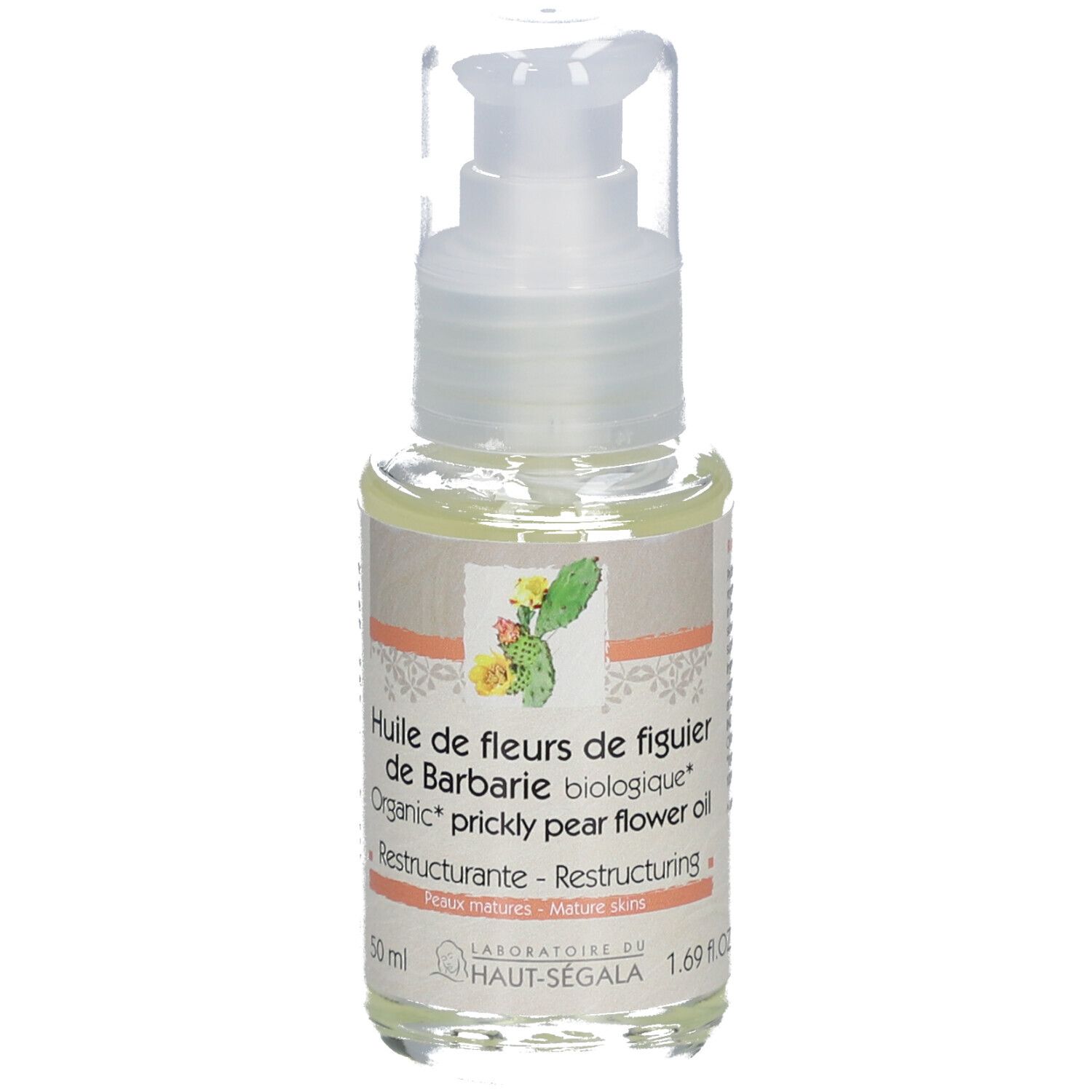 Flacon transparent avec pompe. Inscription: Huile de fleurs de figuier de Barbarie biologique. Marque: Laboratoire du Haut-Ségala.