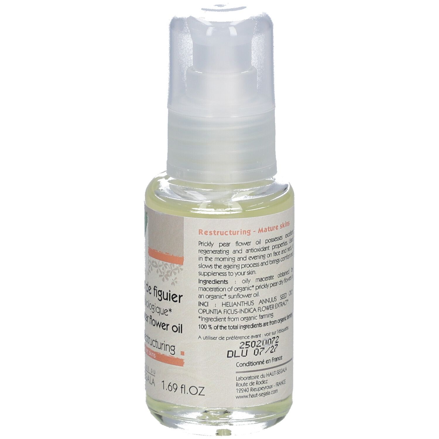 Dos d'un flacon avec pompe. Texte: Huile de fleurs de figuier de Barbarie biologique. Marque: Laboratoire du Haut-Ségala.