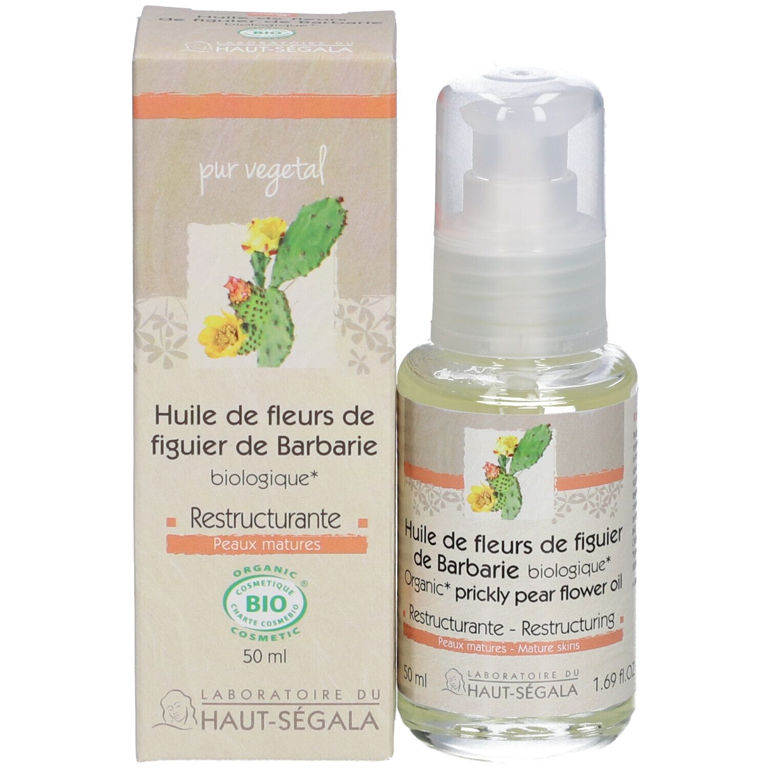 Flacon et boîte. Inscription: Huile de fleurs de figuier de Barbarie biologique. Marque: Laboratoire du Haut-Ségala. Certification bio.