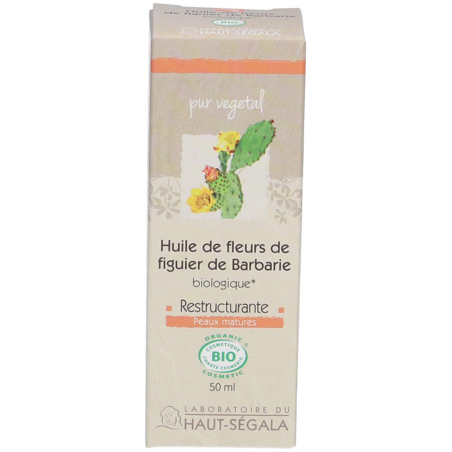 Boîte. Inscription: Huile de fleurs de figuier de Barbarie biologique. Marque: Laboratoire du Haut-Ségala. Certification bio.
