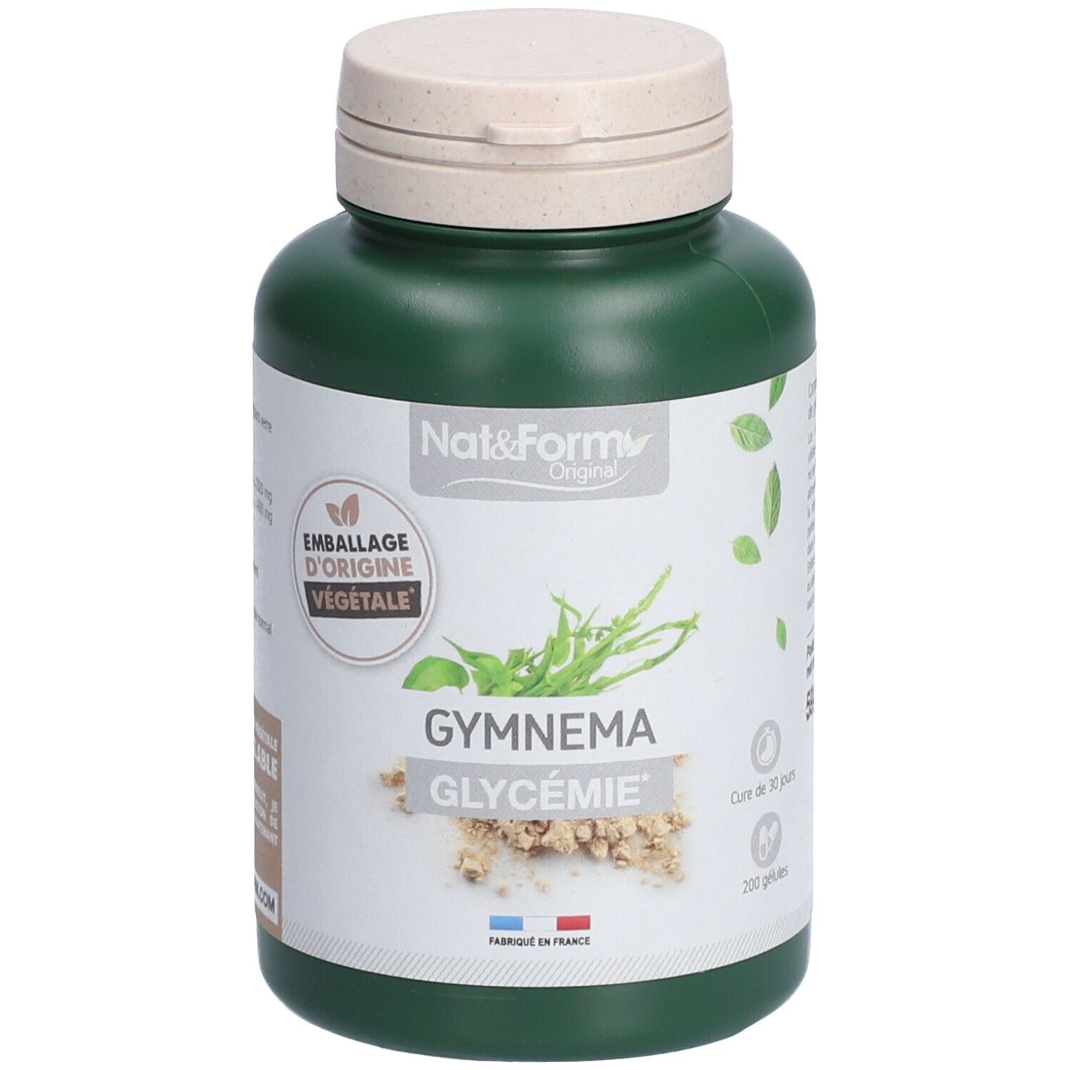 Flacon vert de gélules. Inscription: GYMNEMA GLYCÉMIE. Emballage d'origine végétale. Bouchon beige. Marque Nat&Form.