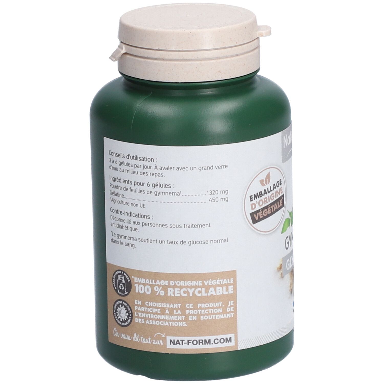 Dos d'un flacon vert de gélules. Texte: ingrédients, conseils d'utilisation, contre-indications. Emballage d'origine végétale. 100% recyclable.
