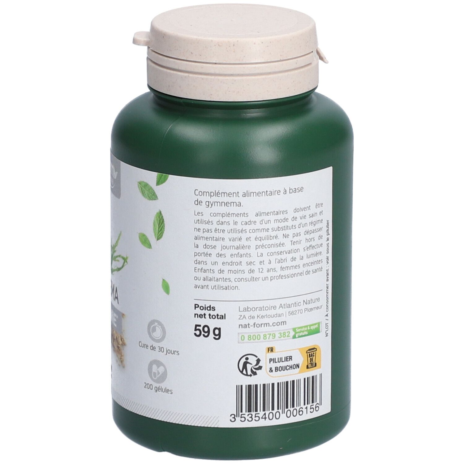 Dos d'un flacon vert de gélules. Texte: Complément alimentaire. 200 gélules. Marque Nat&Form. Bouchon beige. 59g.