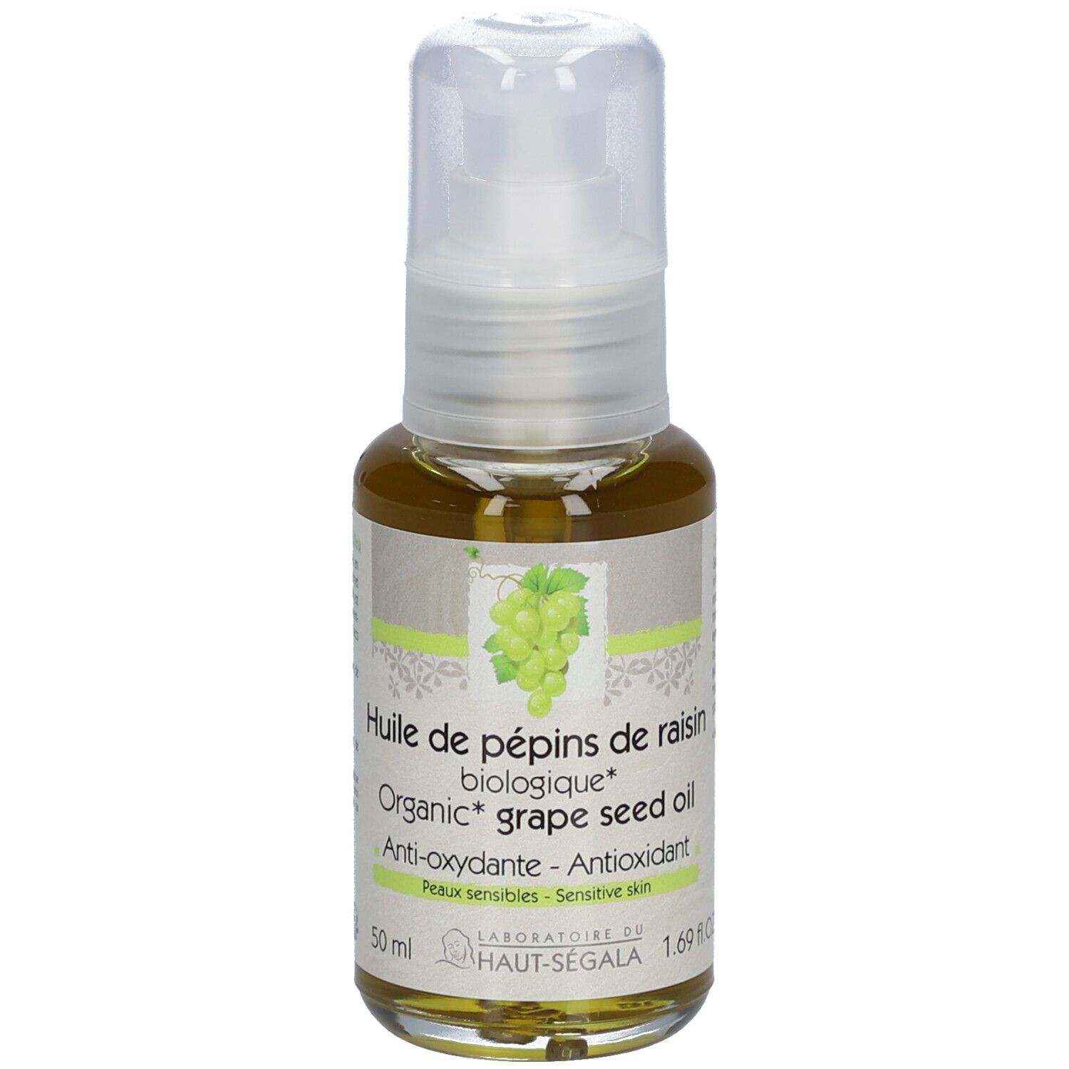 Klarer Glasflakon mit Sprühkopf. Etikett mit Aufschrift: Huile de pépins de raisin biologique, Anti-oxydante, Peaux sensibles. 50 ml.