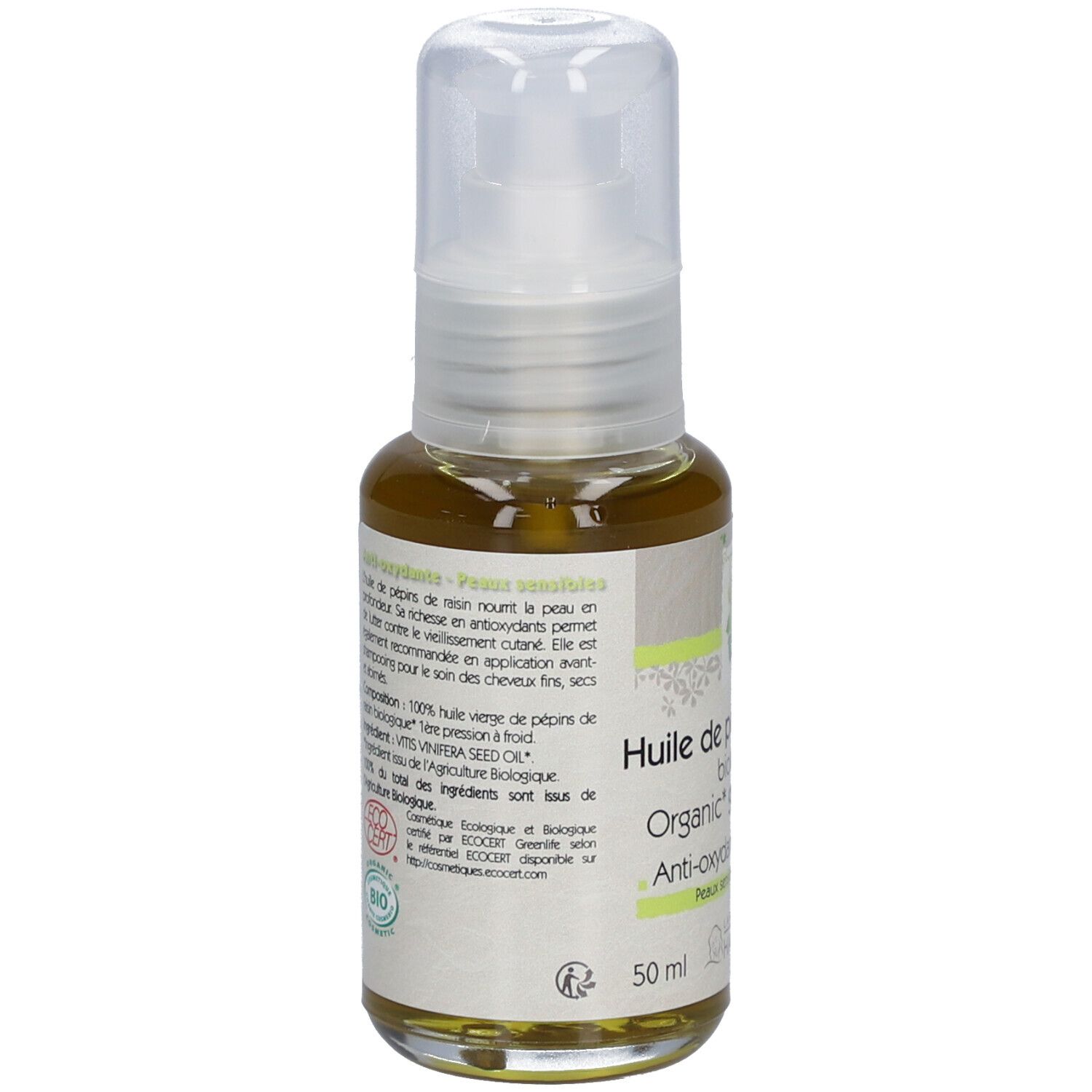 Glasflakon mit Sprühkopf. Etikett mit Aufschrift: Huile de pépins de raisin biologique, Anti-oxydante, Peaux sensibles. Bio-Siegel. 50 ml.