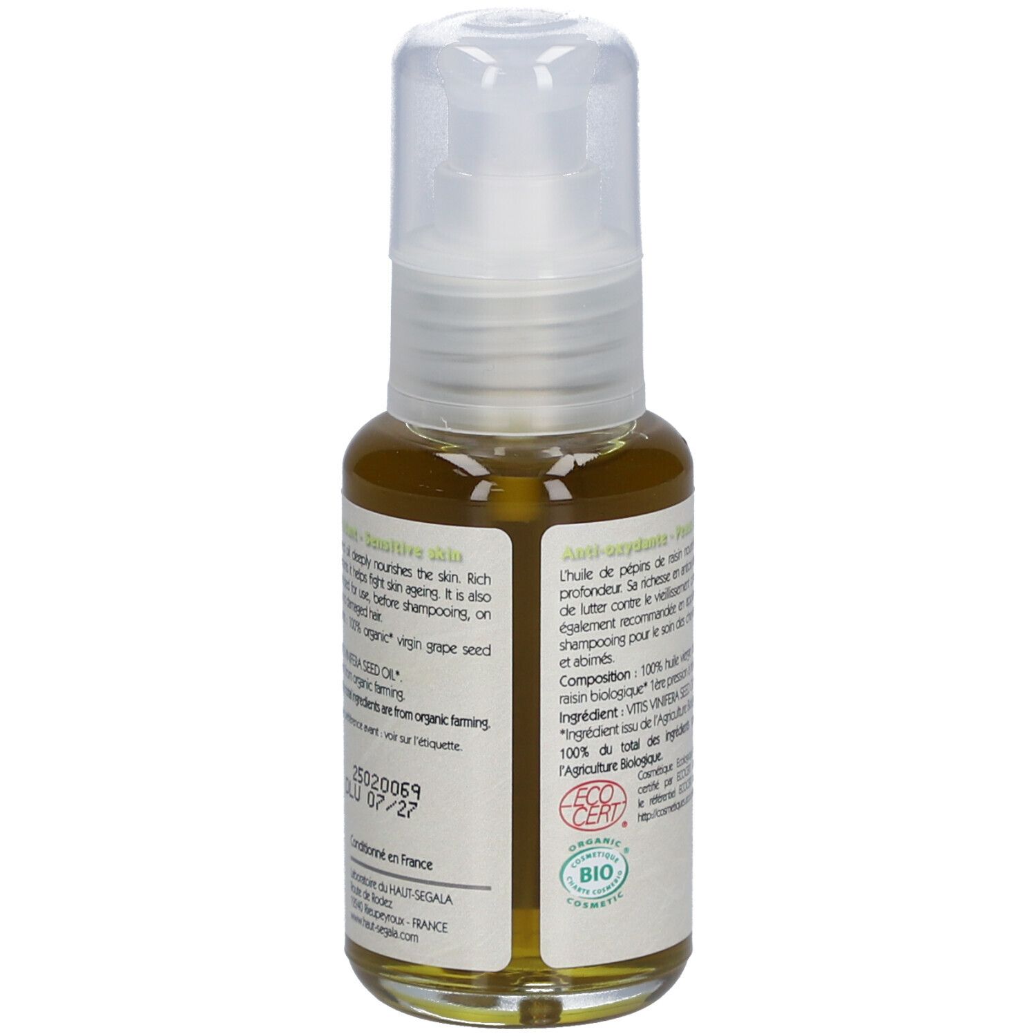 Glasflakon mit Sprühkopf. Etikett mit Aufschrift: Huile de pépins de raisin biologique, Anti-oxydante, Peaux sensibles. Bio-Siegel. 50 ml.