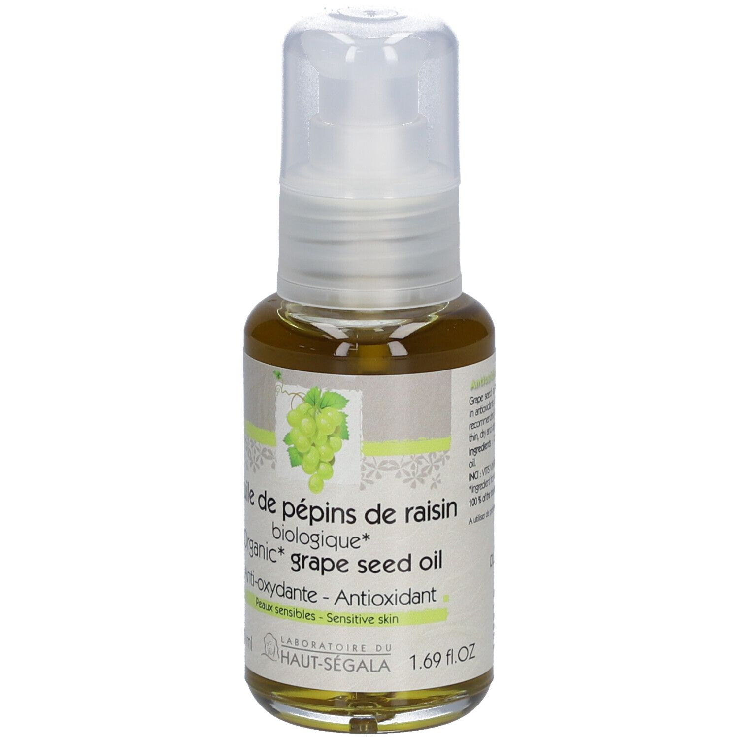 Glasflakon mit Sprühkopf. Etikett mit Aufschrift: Huile de pépins de raisin biologique, Anti-oxydante, Peaux sensibles. Bio-Siegel. 50 ml.