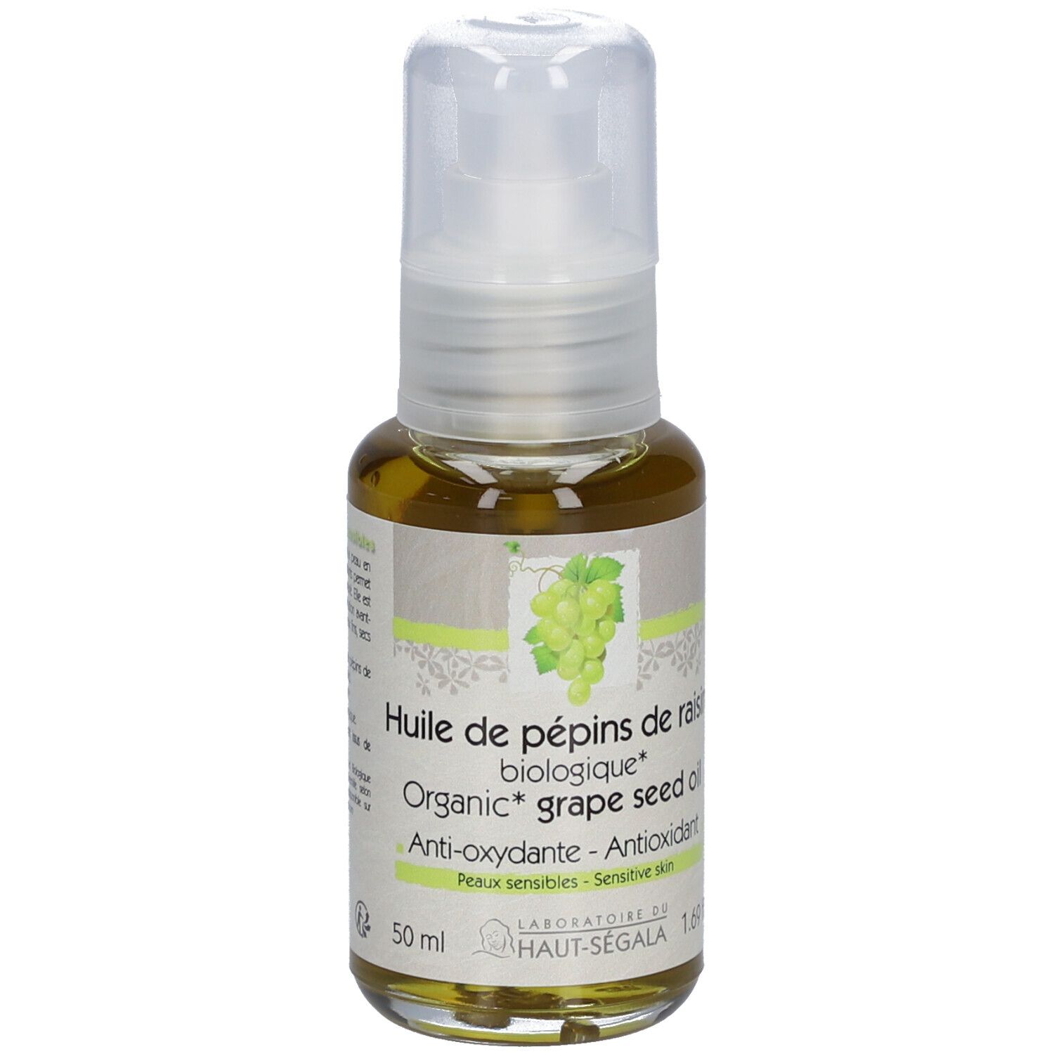 Glasflakon mit Sprühkopf. Etikett mit Aufschrift: Huile de pépins de raisin biologique, Anti-oxydante, Peaux sensibles. Bio-Siegel. 50 ml.