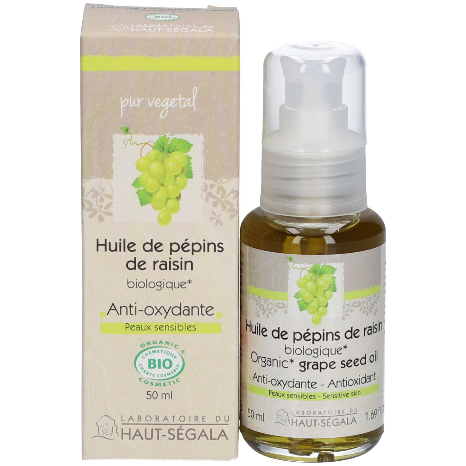 Glasflakon und Karton. Aufschrift: Huile de pépins de raisin biologique, Anti-oxydante, Peaux sensibles. Bio-Siegel. 50 ml.