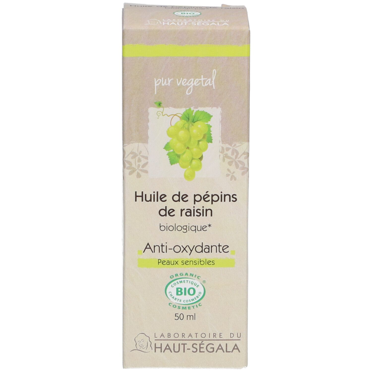 Karton mit Aufschrift: Huile de pépins de raisin biologique, Anti-oxydante, Peaux sensibles. Bio-Siegel. 50 ml.
