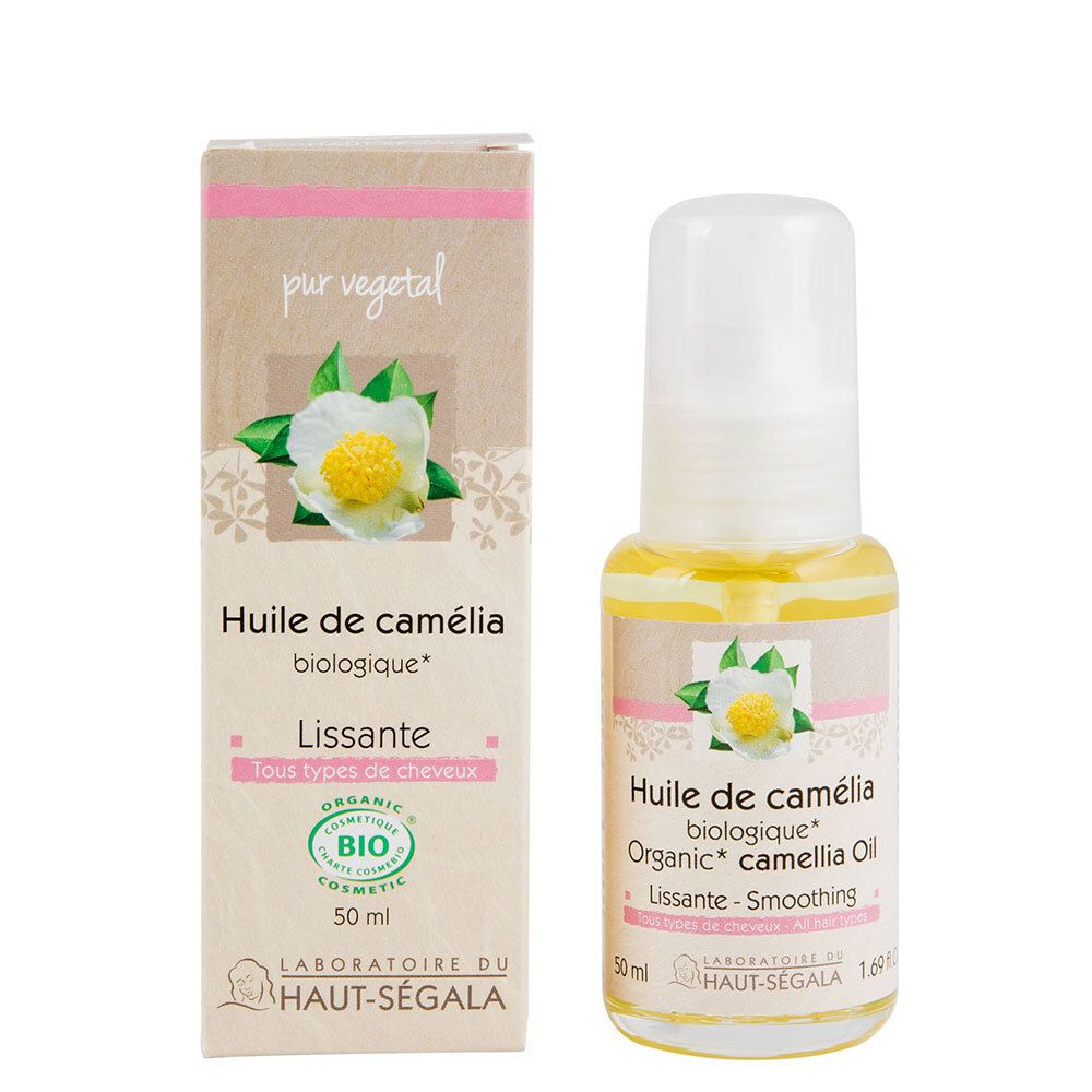 Kamelienöl Bio, Flasche und Verpackung. Aufschrift: Huile de camélia biologique, Lissante, BIO-Zertifizierung.