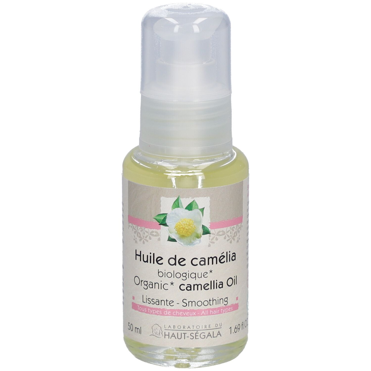 Kamelienöl Bio, Flasche. Aufschrift: Huile de camélia biologique, Lissante, 50 ml, BIO-Zertifizierung.