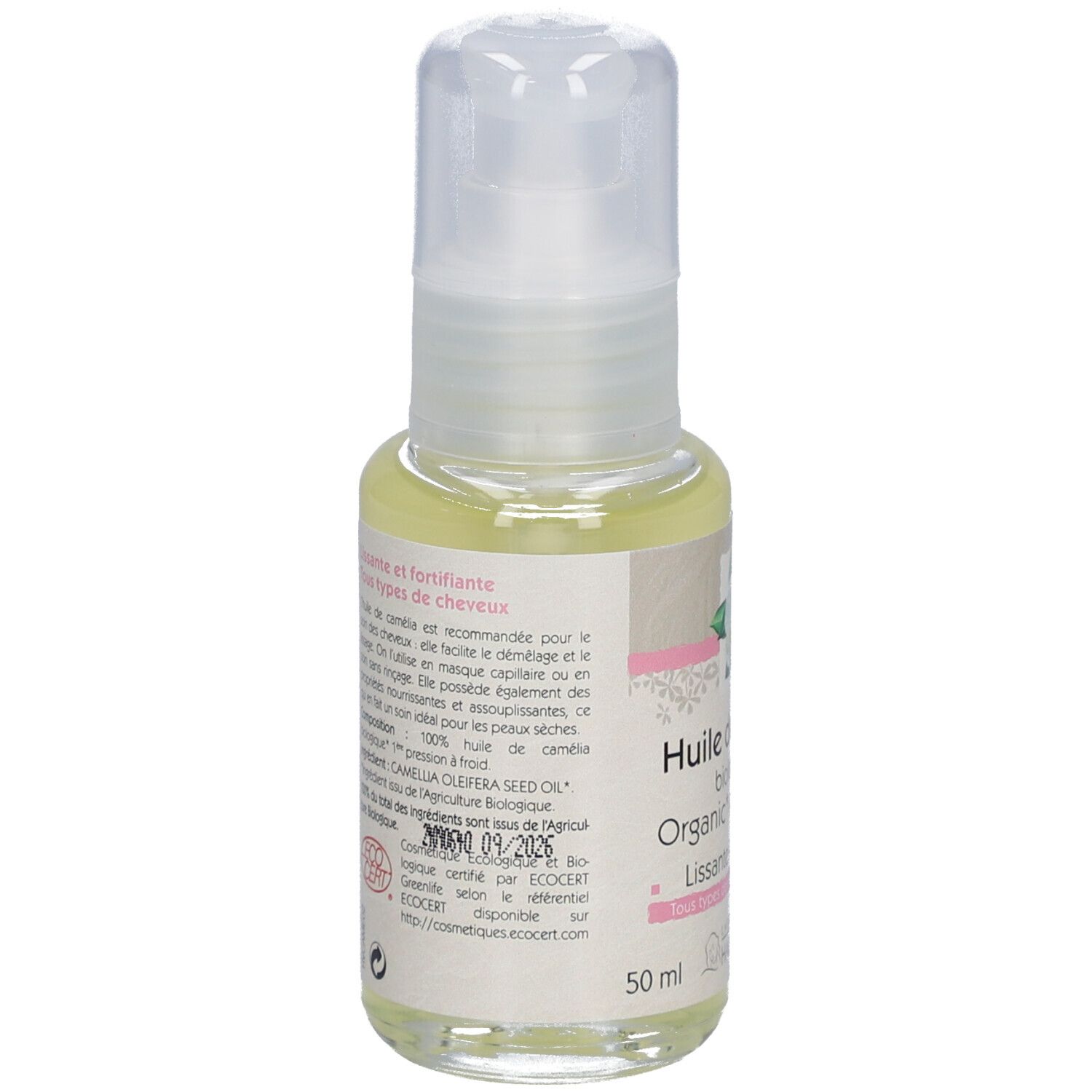 Kamelienöl Bio, Flasche. Rückseite mit Text. Aufschrift: Huile de camélia biologique, Lissante, BIO-Zertifizierung.