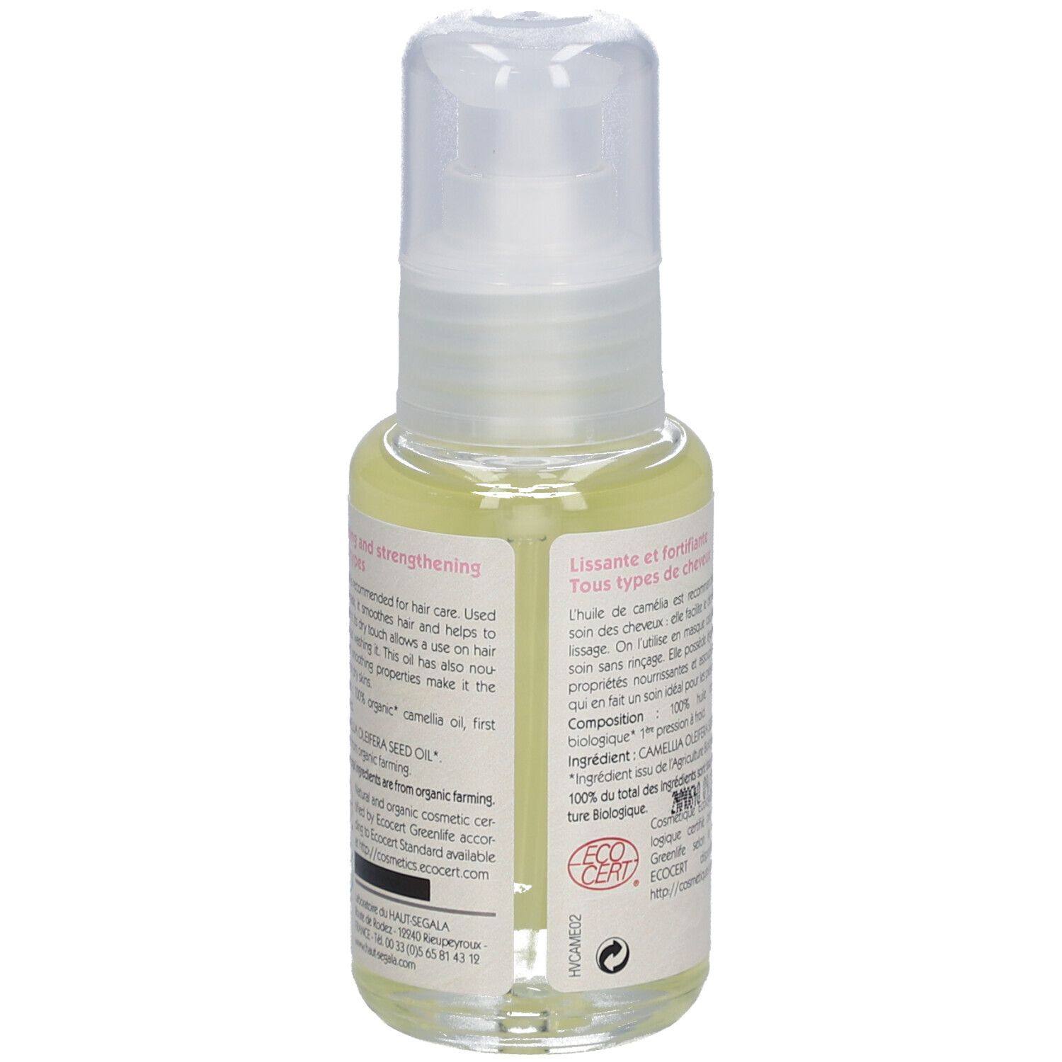 Kamelienöl Bio, Flasche. Rückseite mit Text. Aufschrift: Huile de camélia biologique, Lissante, BIO-Zertifizierung.