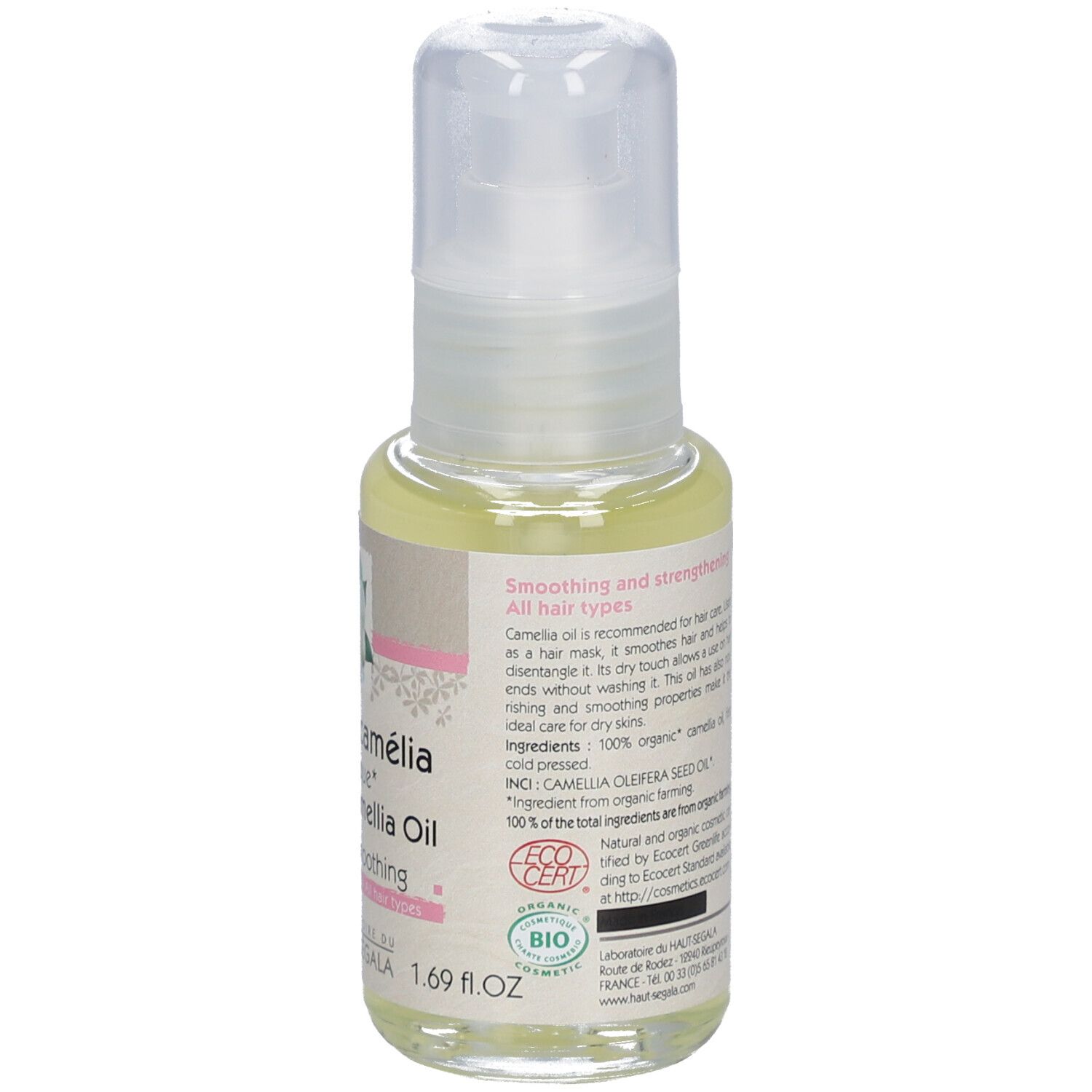 Kamelienöl Bio, Flasche. Rückseite mit Text. Aufschrift: Huile de camélia biologique, Lissante, BIO-Zertifizierung.
