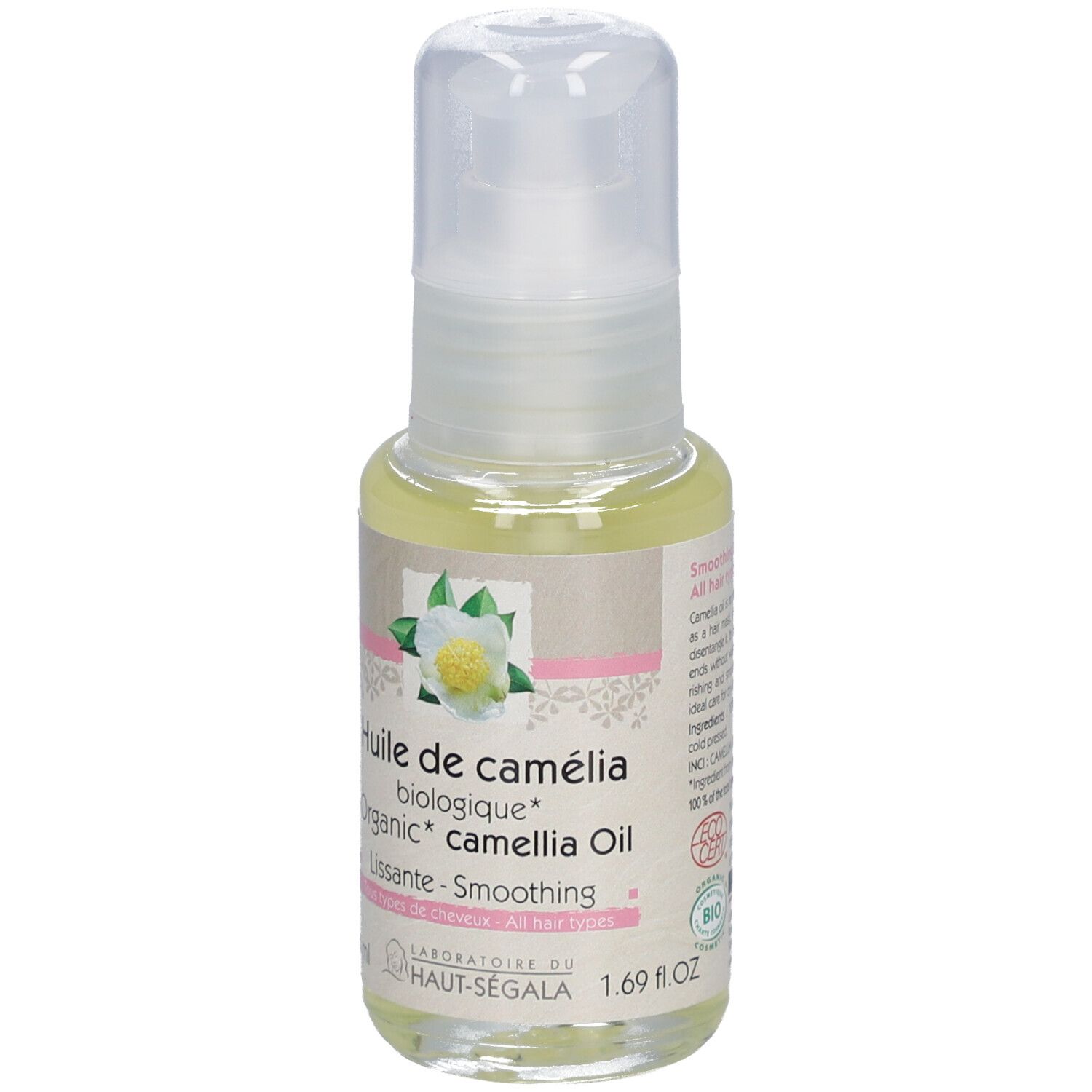 Kamelienöl Bio, Flasche. Aufschrift: Huile de camélia biologique, Lissante, 1.69 fl.oz, BIO-Zertifizierung.