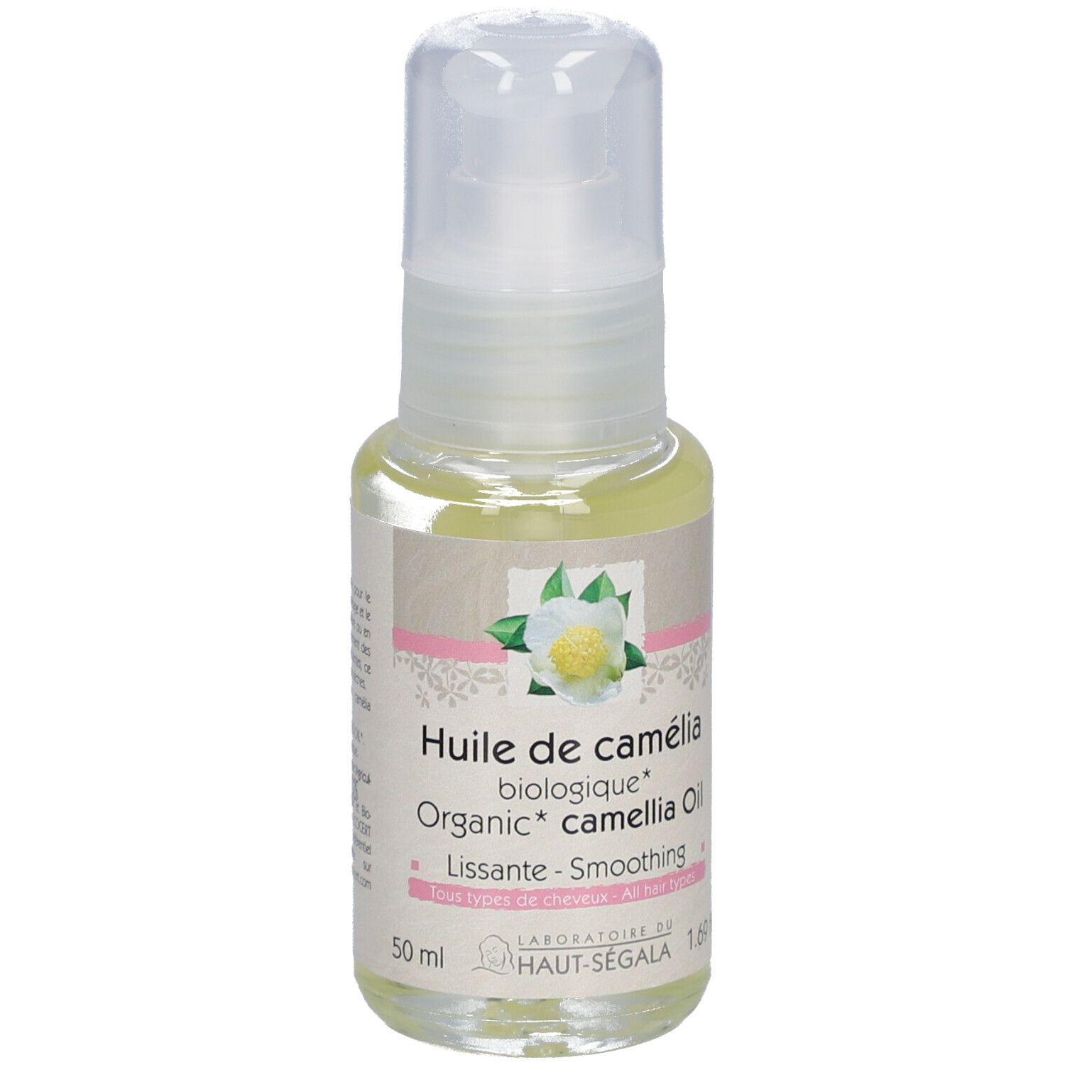 Kamelienöl Bio, Flasche. Aufschrift: Huile de camélia biologique, Lissante, 1.69 fl.oz, BIO-Zertifizierung.