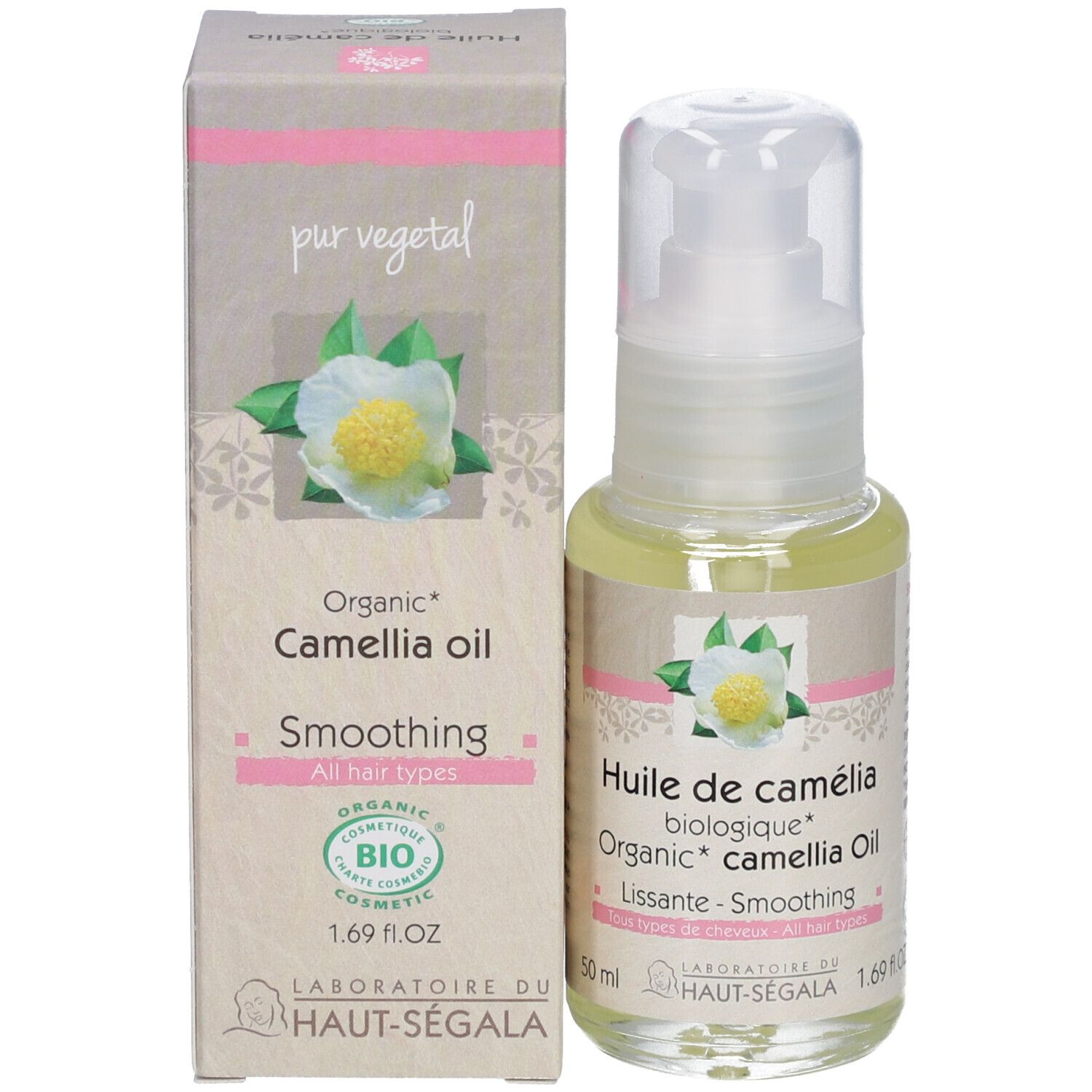 Kamelienöl Bio, Flasche und Verpackung. Aufschrift: Huile de camélia biologique, Lissante, 1.69 fl.oz, BIO-Zertifizierung.