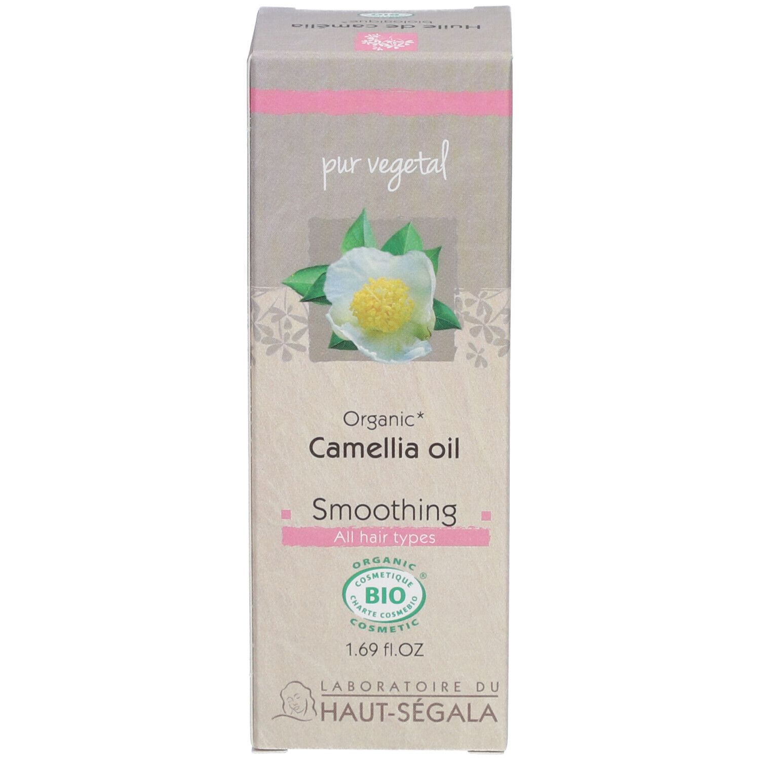 Kamelienöl Bio, Verpackung. Aufschrift: Organic Camellia oil, Smoothing, 1.69 fl.oz, BIO-Zertifizierung.