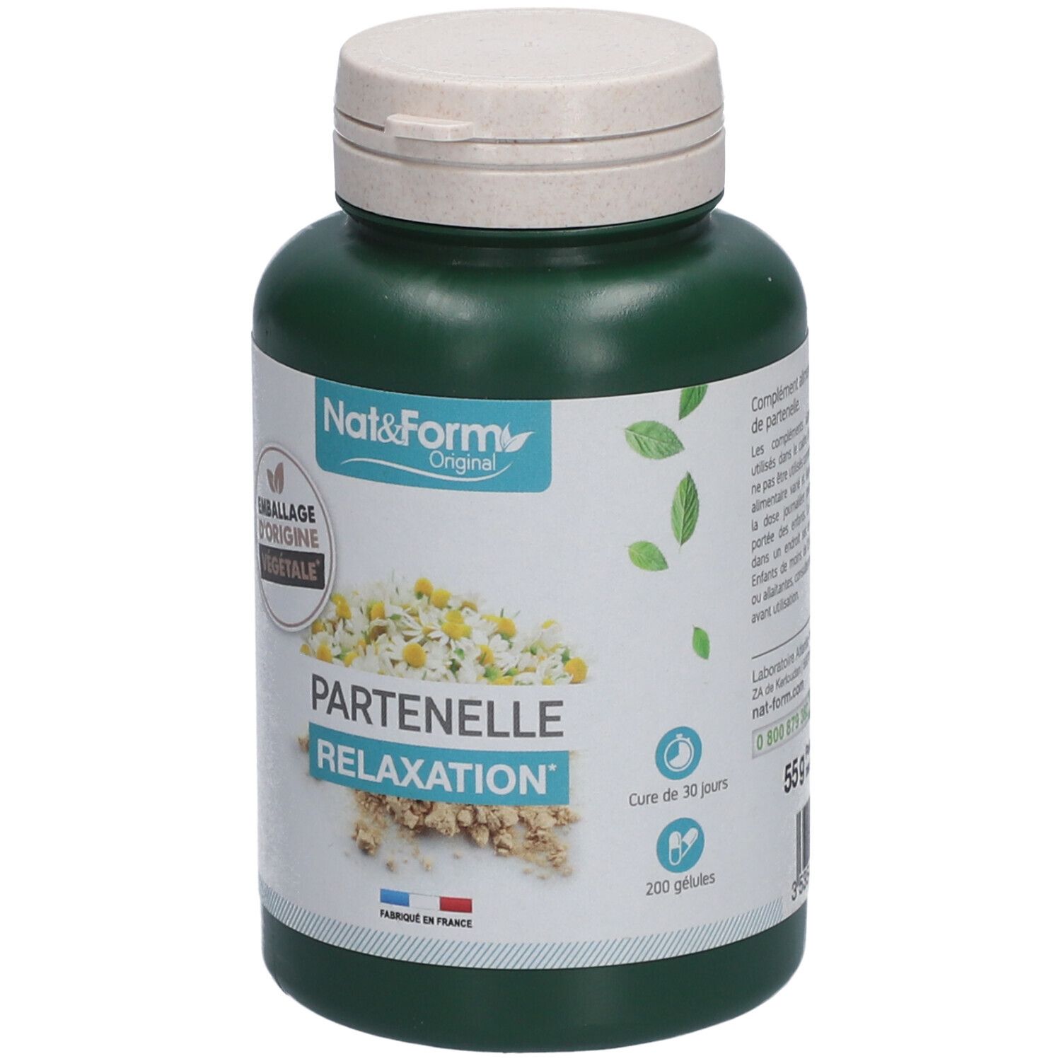 Flacon vert avec couvercle blanc. Inscription : Nat&Form, Partenelle Relaxation. 200 gélules, 55g.