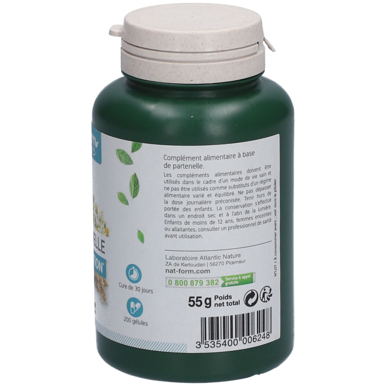 Dos du flacon vert. Texte : Nat&Form, Partenelle Relaxation, 200 gélules, 55g.