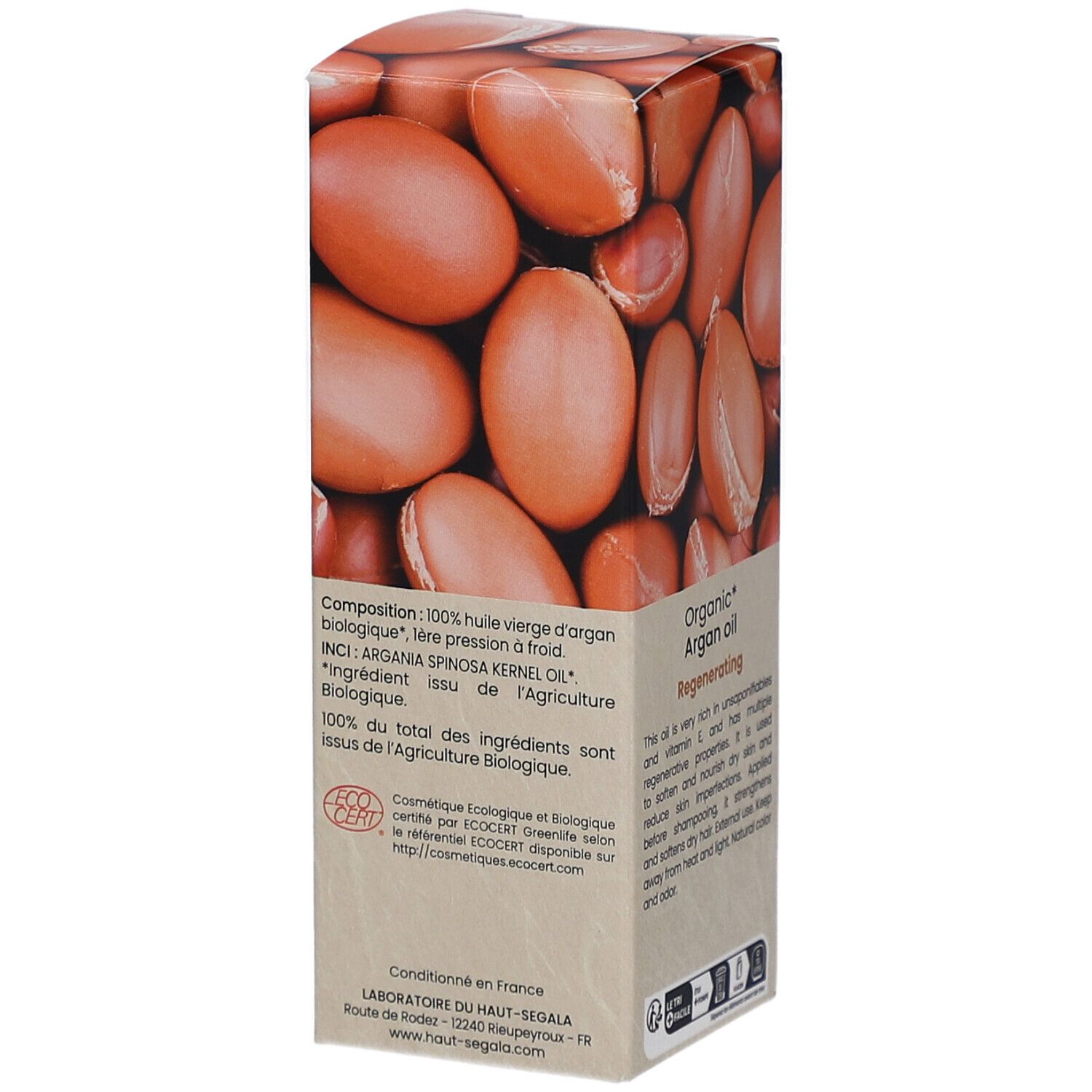 Kartonverpackung mit Arganöl-Abbildung. Text: Composition, 100% huile vierge d'argan biologique. ECOCERT-Siegel.