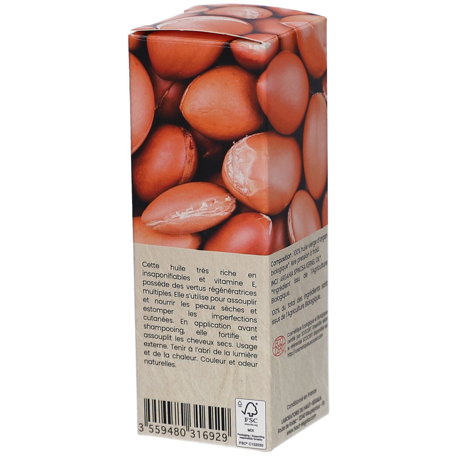 Kartonverpackung mit Arganöl-Abbildung. Text: Beschreibung des Produkts. FSC-Siegel. Barcode.