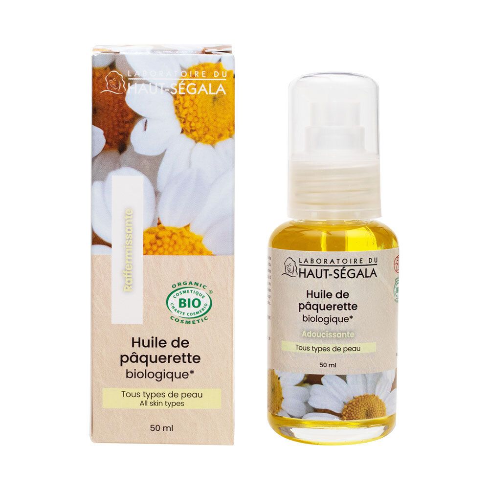 Flasche und Verpackung mit Produkt. Aufschrift: Huile de pâquerette biologique. Für alle Hauttypen.