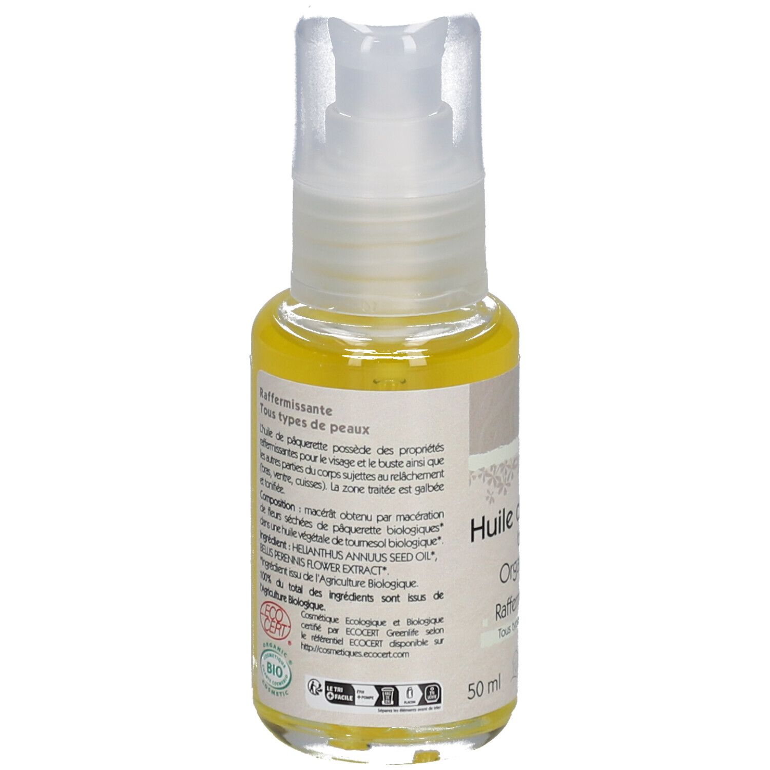 Rückansicht der Flasche. Aufschrift: Huile de pâquerette biologique. Für alle Hauttypen. Mit Inhaltsangaben.