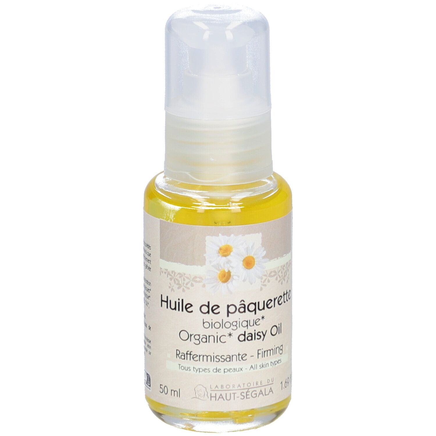 Flasche mit Produkt. Aufschrift: Huile de pâquerette biologique. Für alle Hauttypen. 1.69 fl.oz.